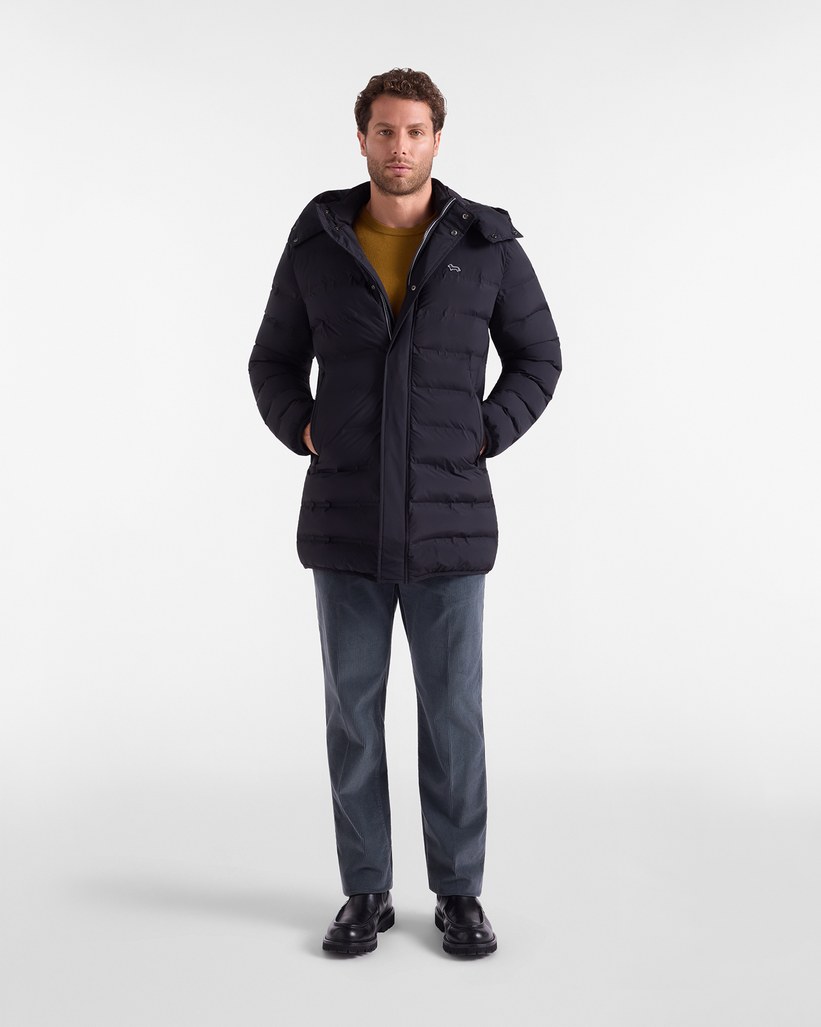 Men&rsquo;s long quilted jacket with detachable hood in technical nylon, BLACK, large
