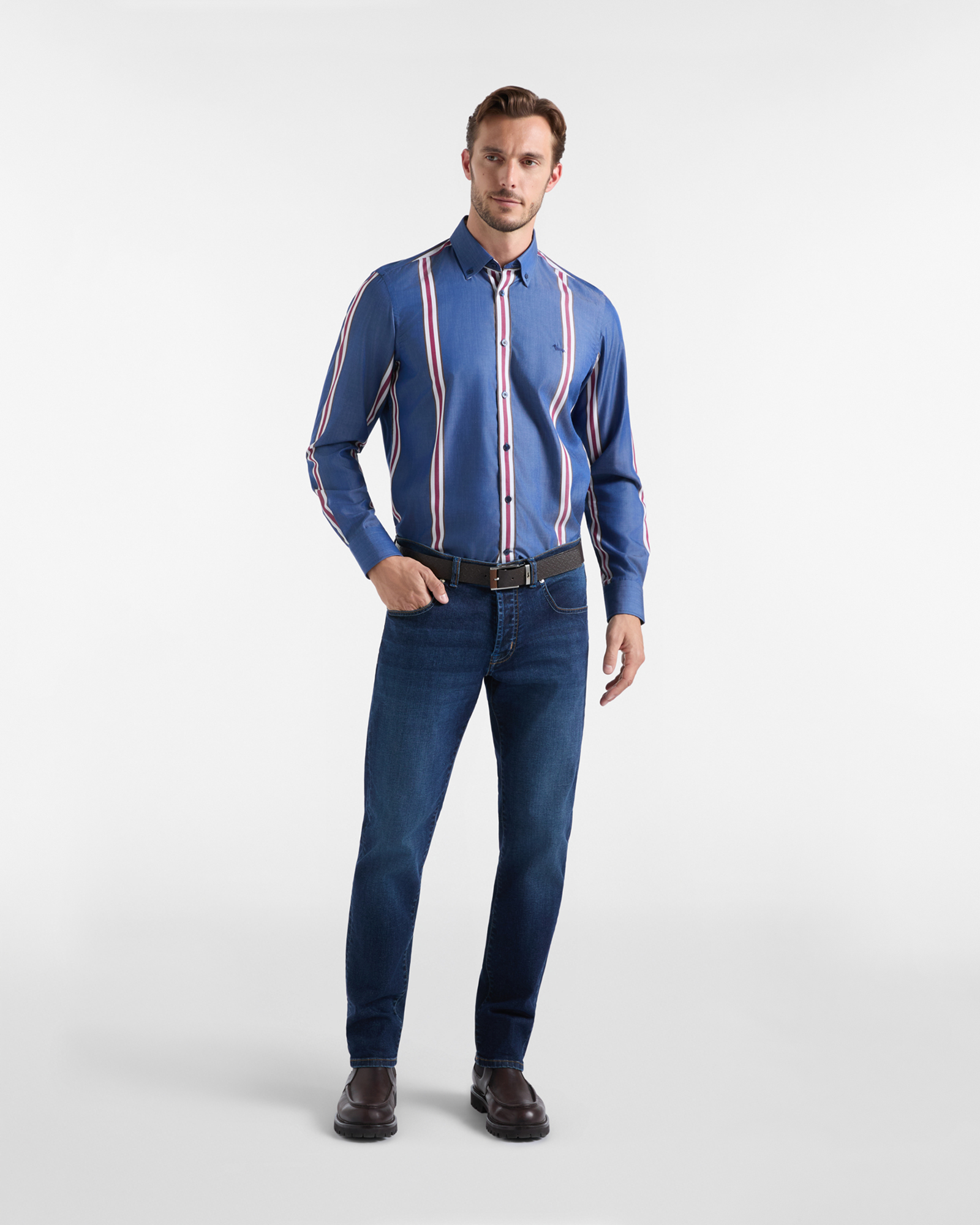 Men's narrow-fit Tencel&reg; shirt with placed regimental stripe, SPORT BLUE, large