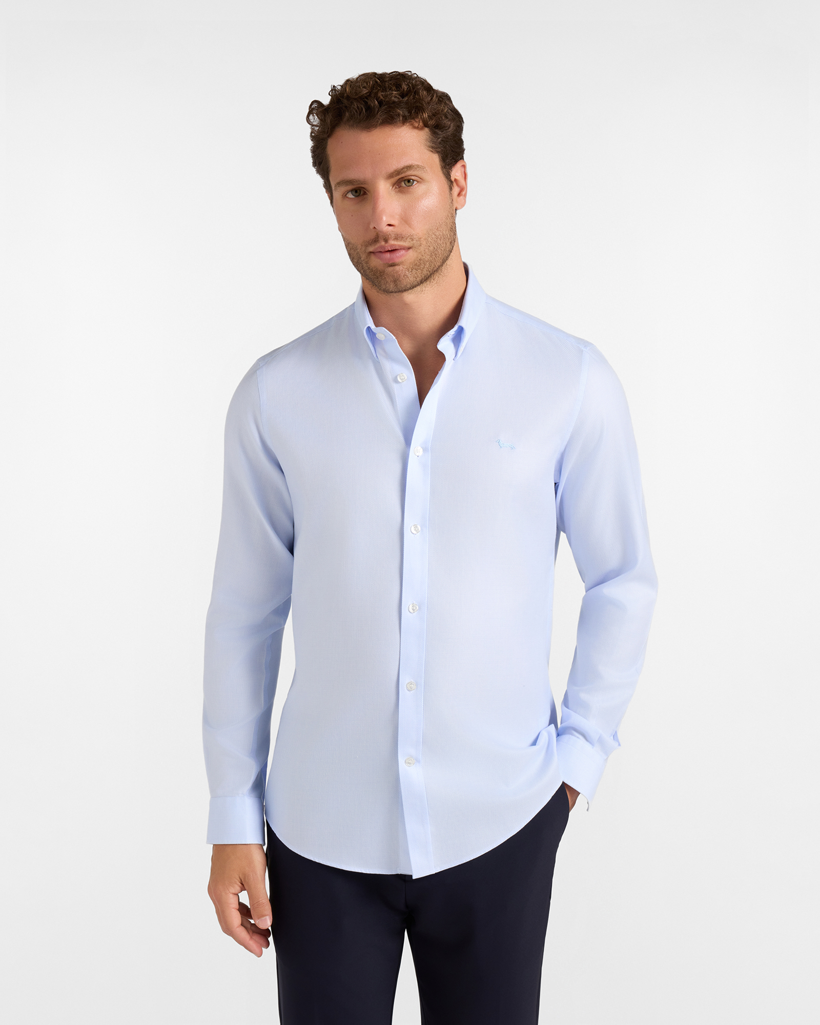 Men's narrow-fit blue no-iron textured shirt