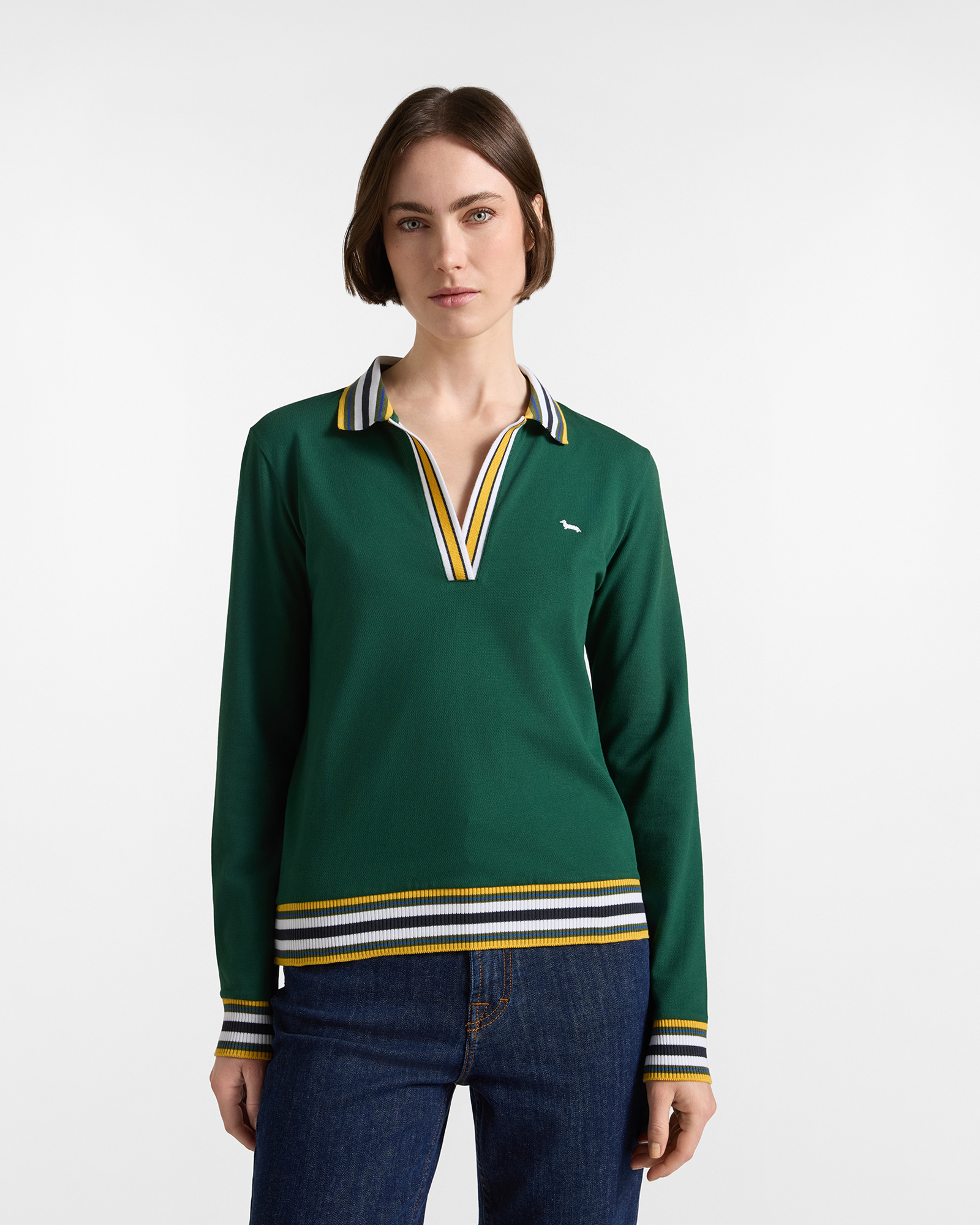 Polo da donna manica lunga con scollo a V in cotone stretch verde