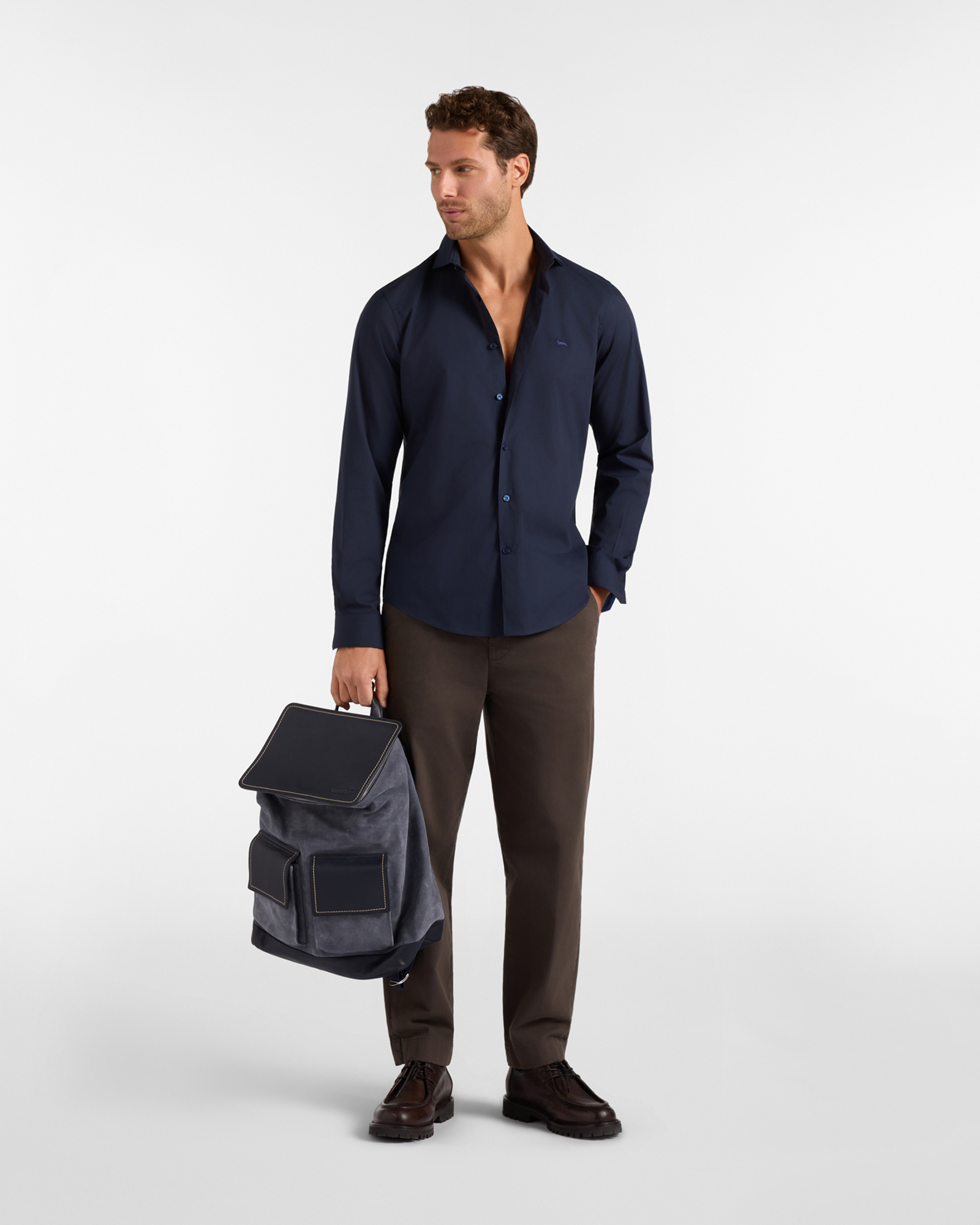Men's narrow-fit solid shirt in stretch poplin, NAVY BLUE, large