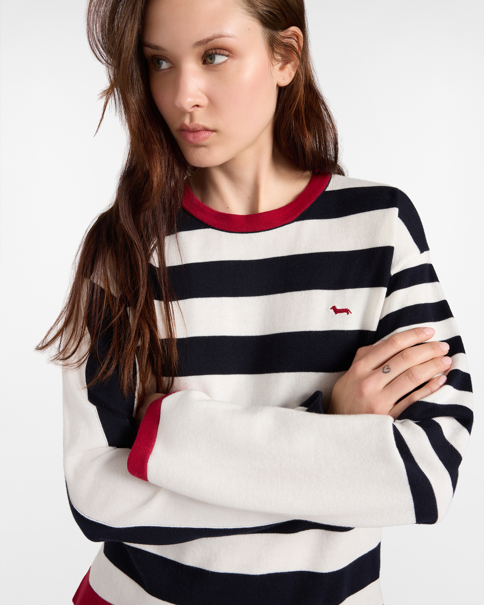 Women's striped sweater in cotton with contrasting details, WHITE, large
