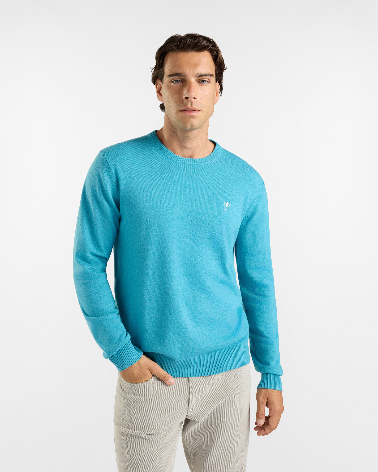 HBJ Men&rsquo;s carded knit jumper with patches, crew neck in a sea-green wool and cashmere blend