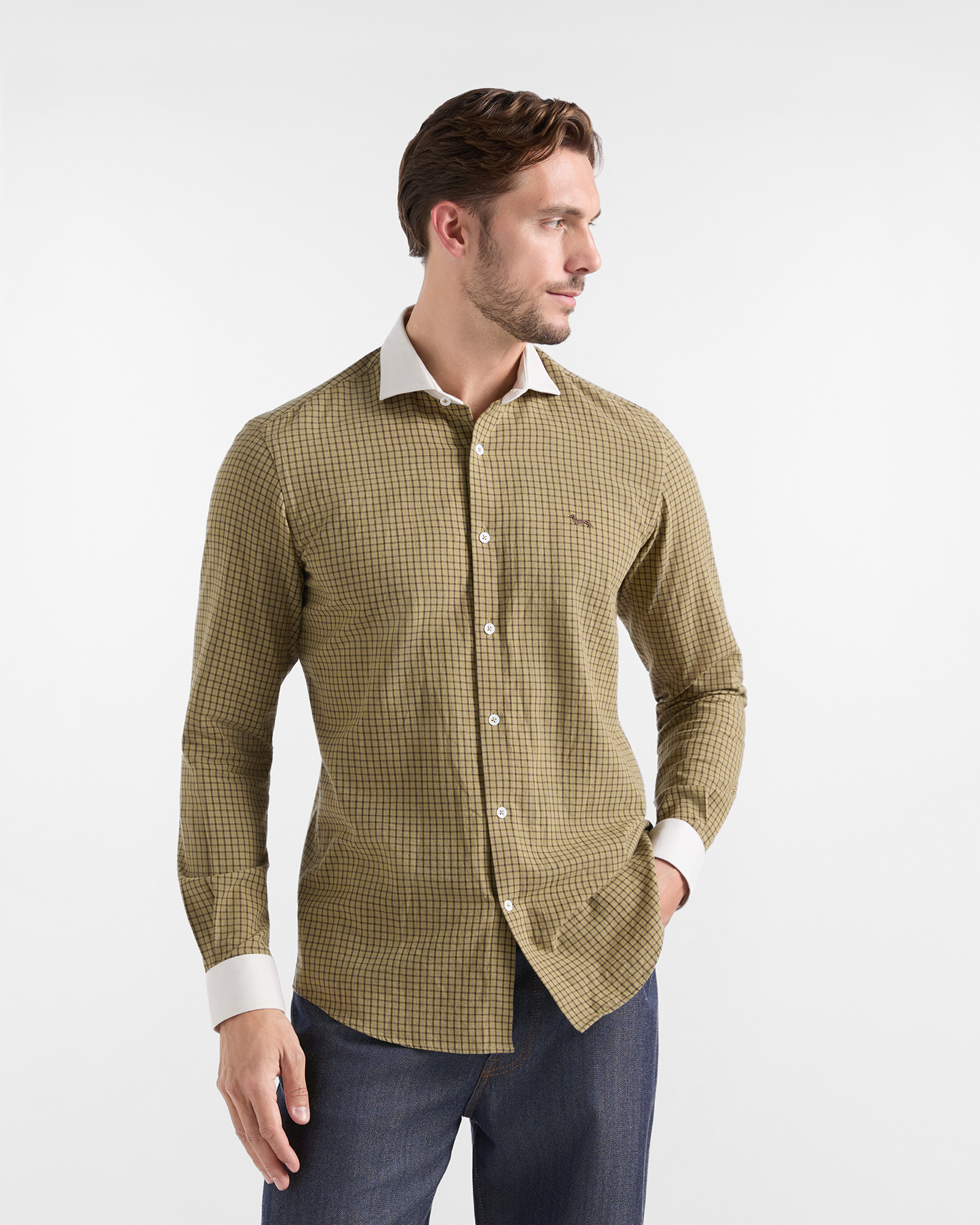 Camisa de hombre Harmont & Blaine de la colecci&oacute;n &laquo;Capsule Qualit&agrave; a Colori&raquo;, de franela de algod&oacute;n con microcuadros en verde claro