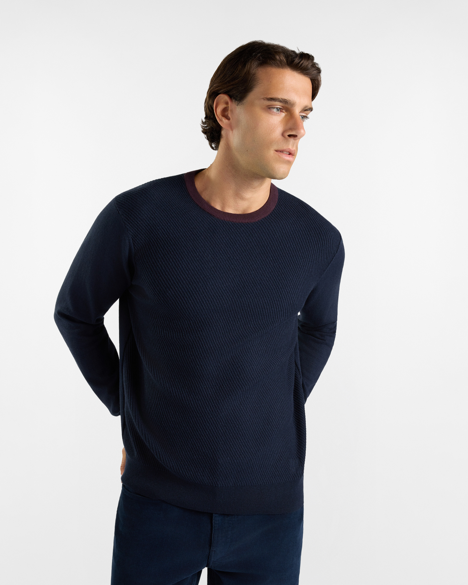HBJ Men&rsquo;s Crew-Neck Jumper with Contrast Collar in Dark Blue Wool and Cashmere Blend