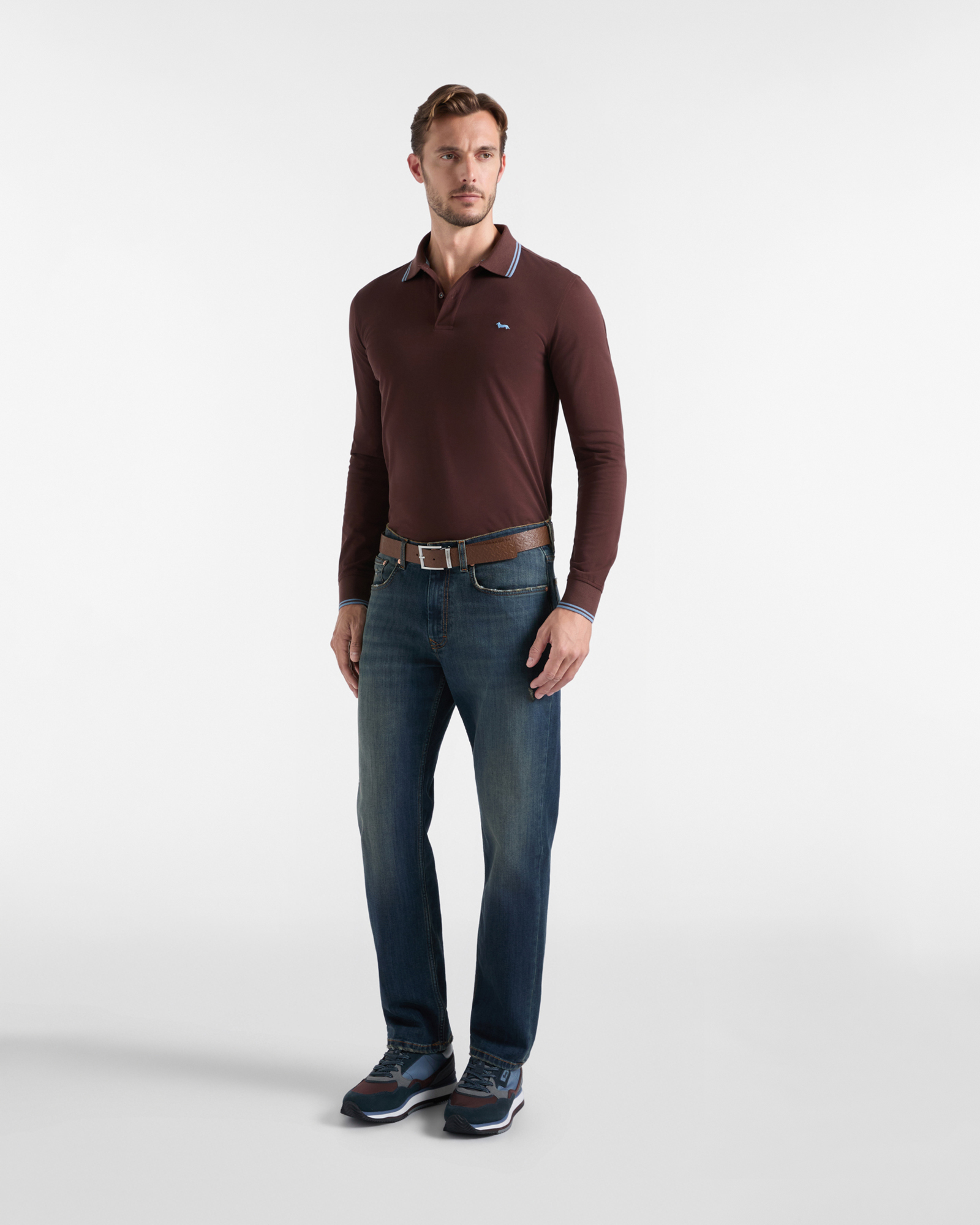 Polo da uomo manica lunga in piquet di 100% puro cotone, MARRONE SCURO, large