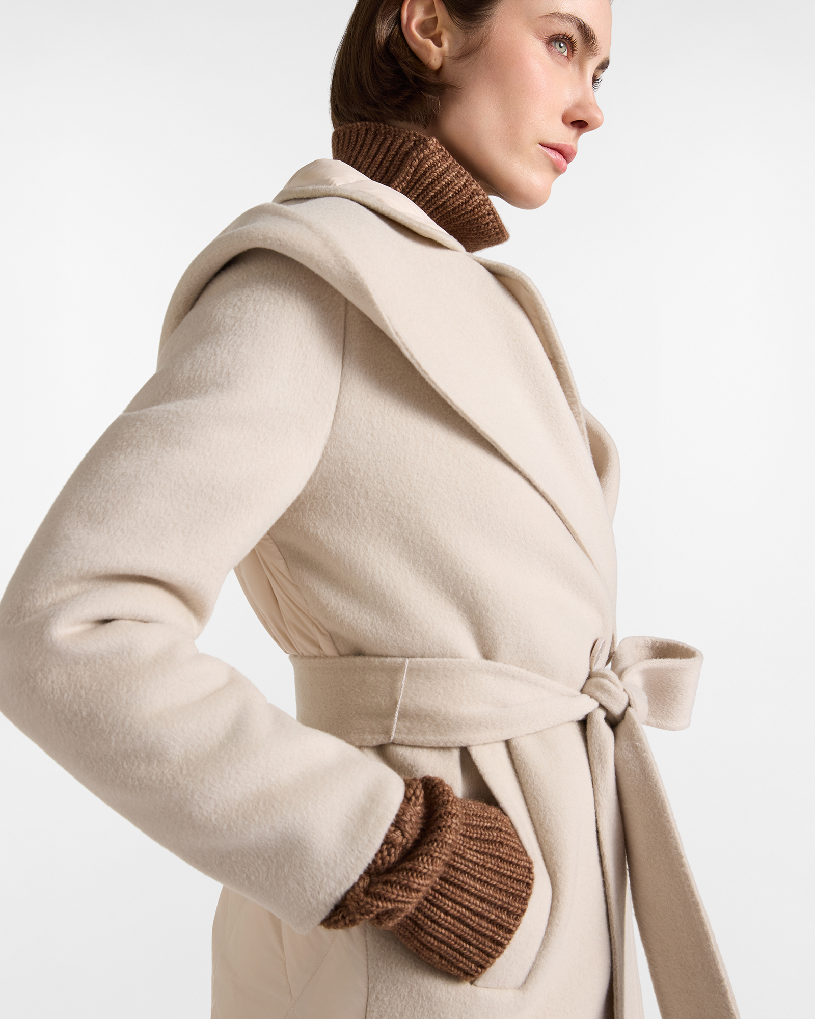 Capospalla Donna coat doppio petto con parti trapuntate in puro lana, TORTORA, large