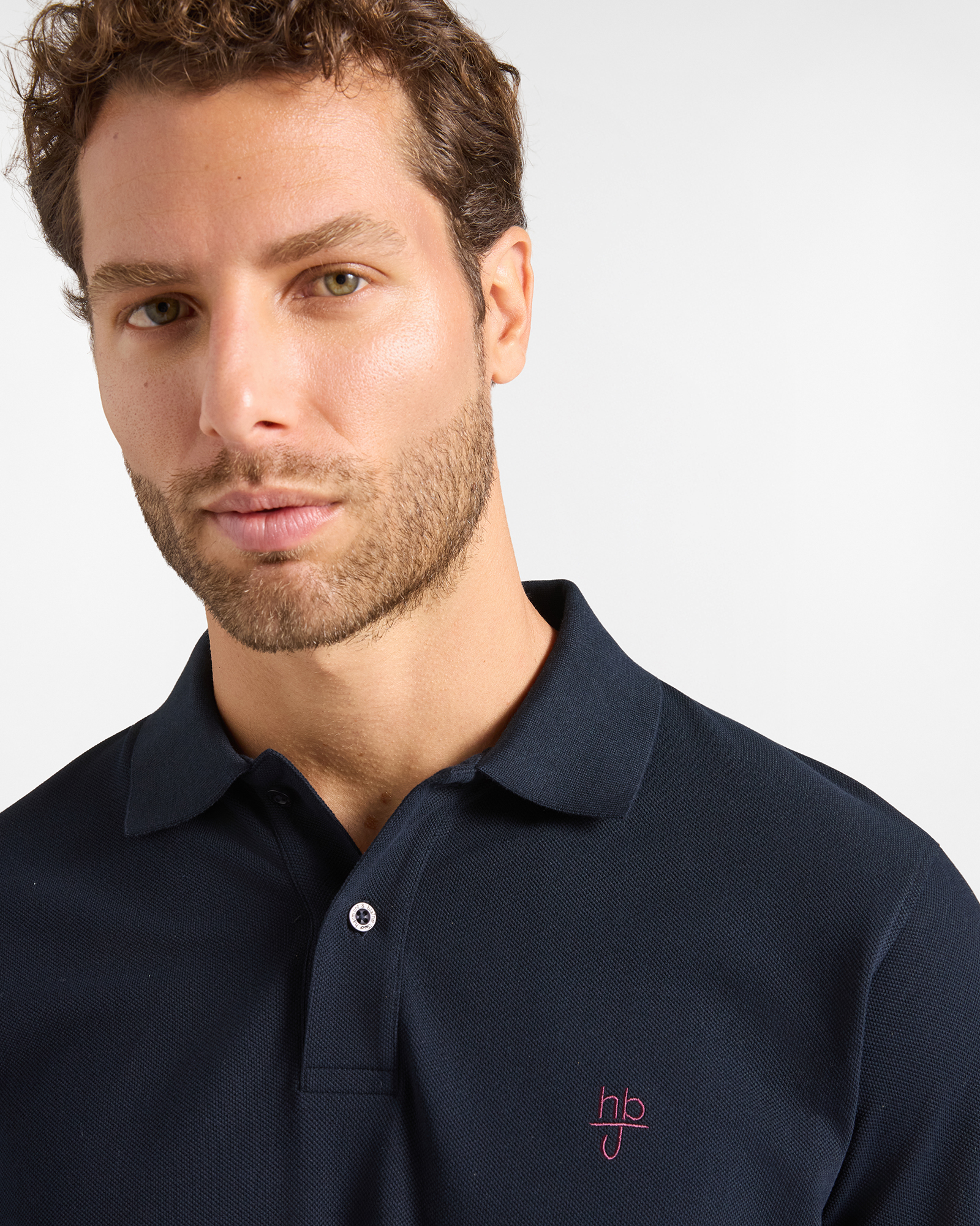 Polo HBJ Uomo Manica Lunga in Cotone Piquet, BLU SCURO, large