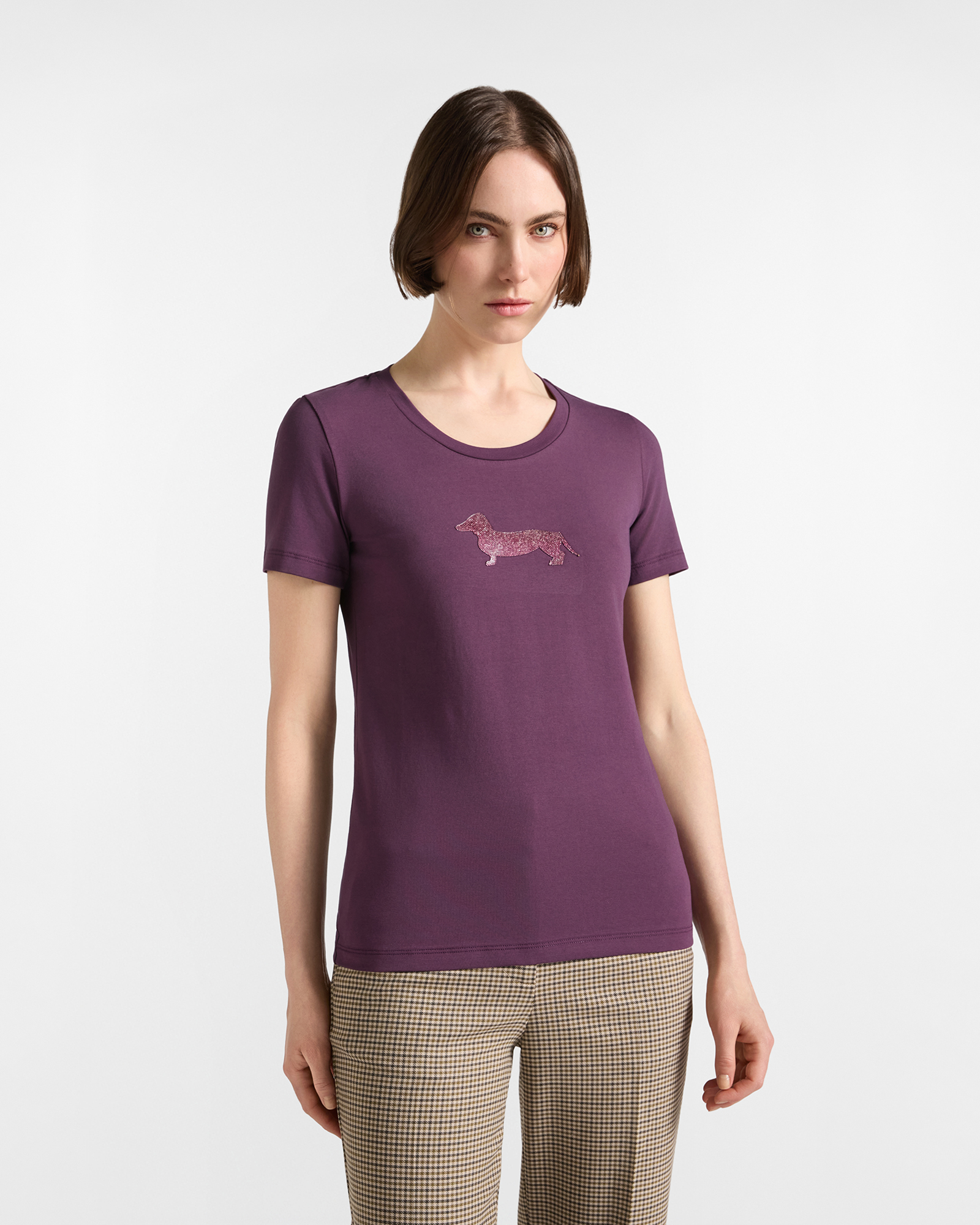 T-shirt Donna in cotone stretch viola con Maxi Bassotto glitter