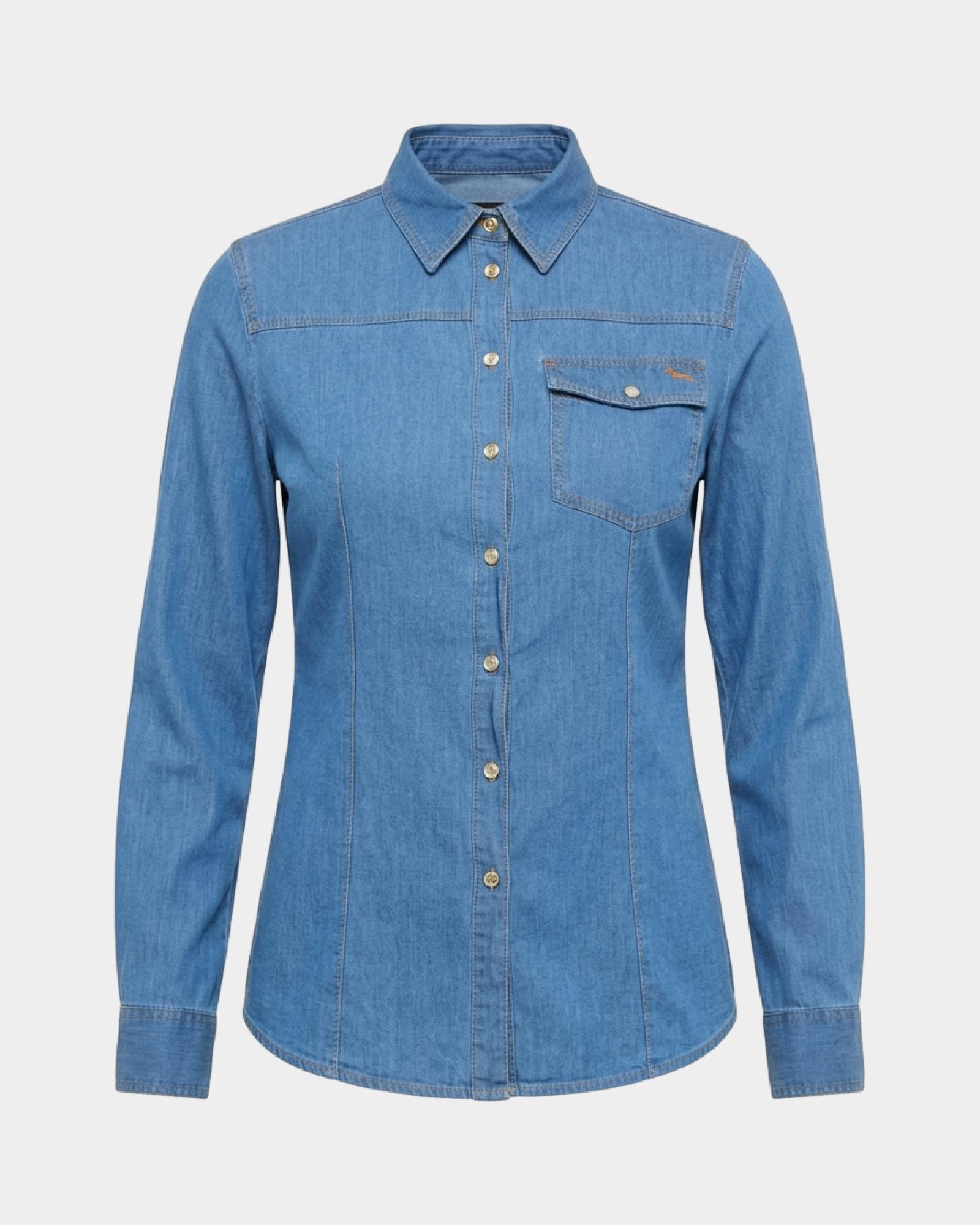 Women's basic dark  denim shirt with chest pocket, DENIM BLUE, large