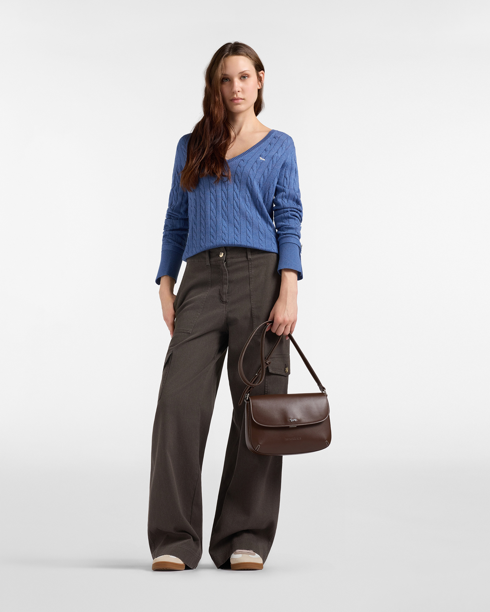 Pantal&oacute;n cargo para mujer en algod&oacute;n el&aacute;stico  de talle alto, MARR&Oacute;N OSCURO, large