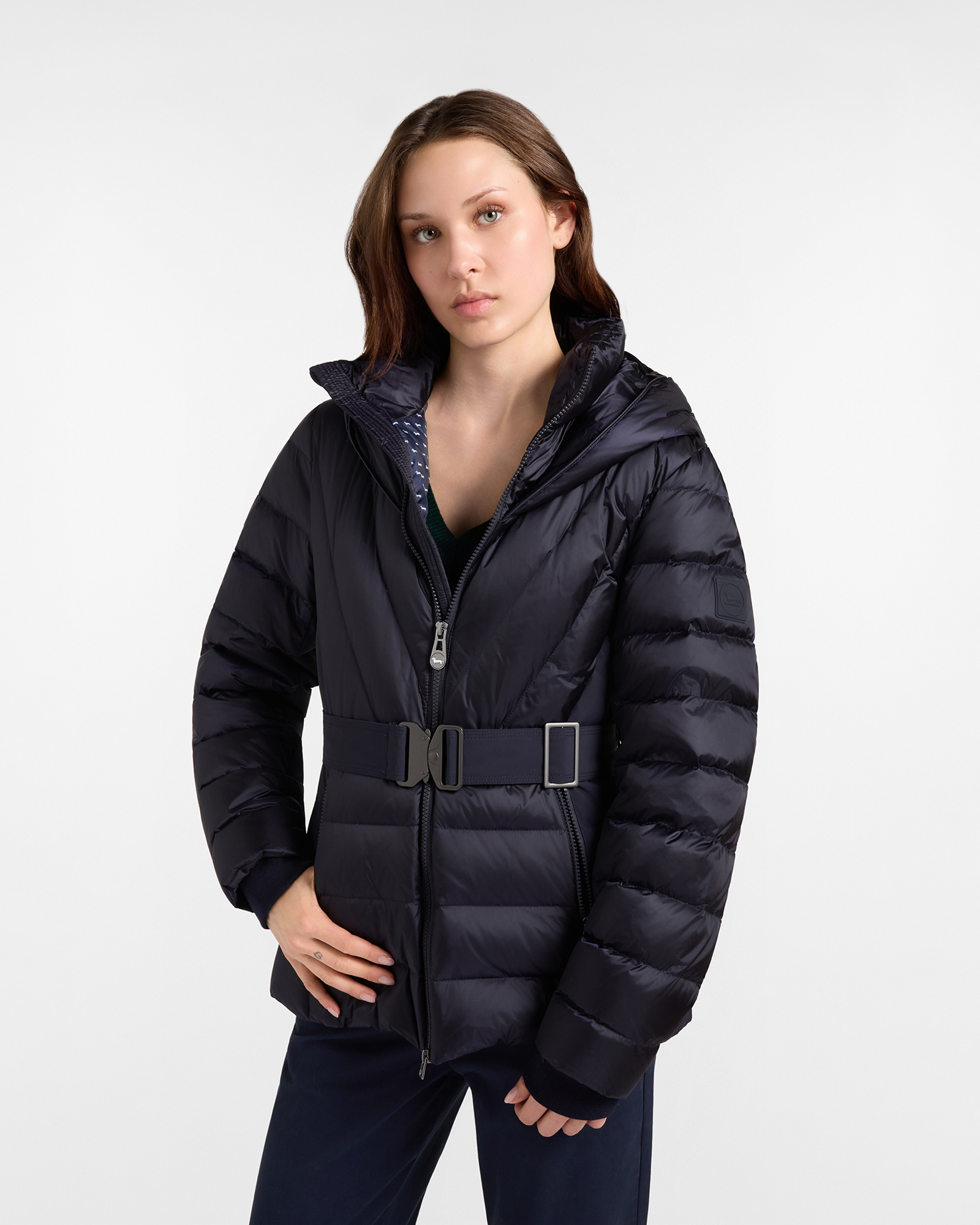 Giubbino da donna in piuma blu Slim Fit con cintura logata