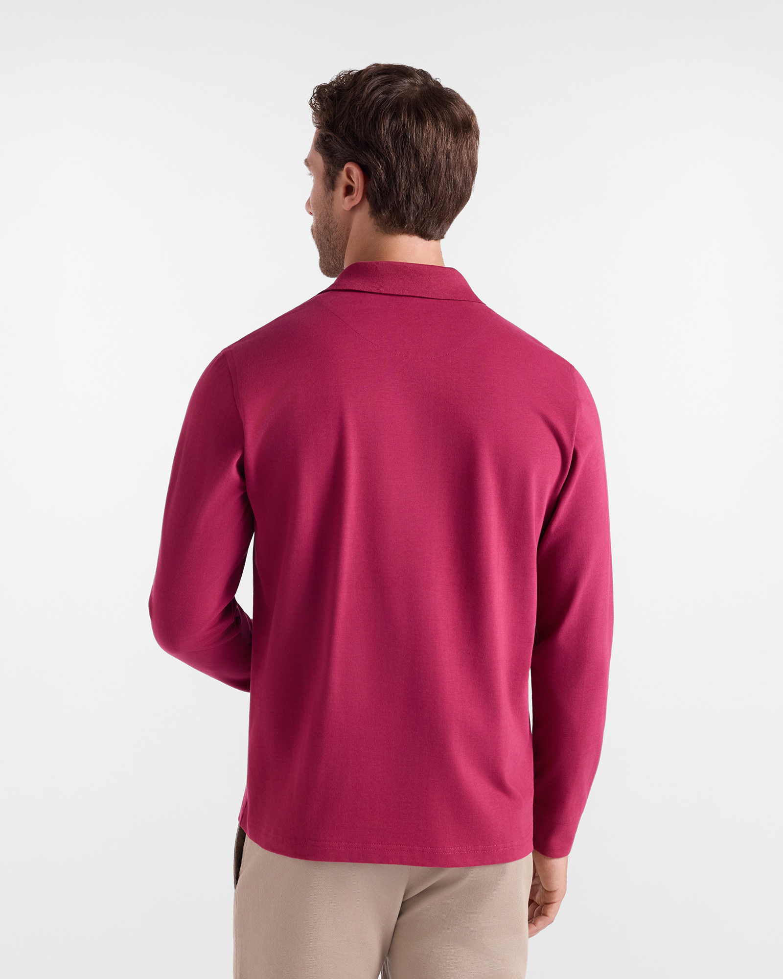 Polo da uomo manica lunga in jersey brushed di 100% puro cotone, CICLAMINO, large