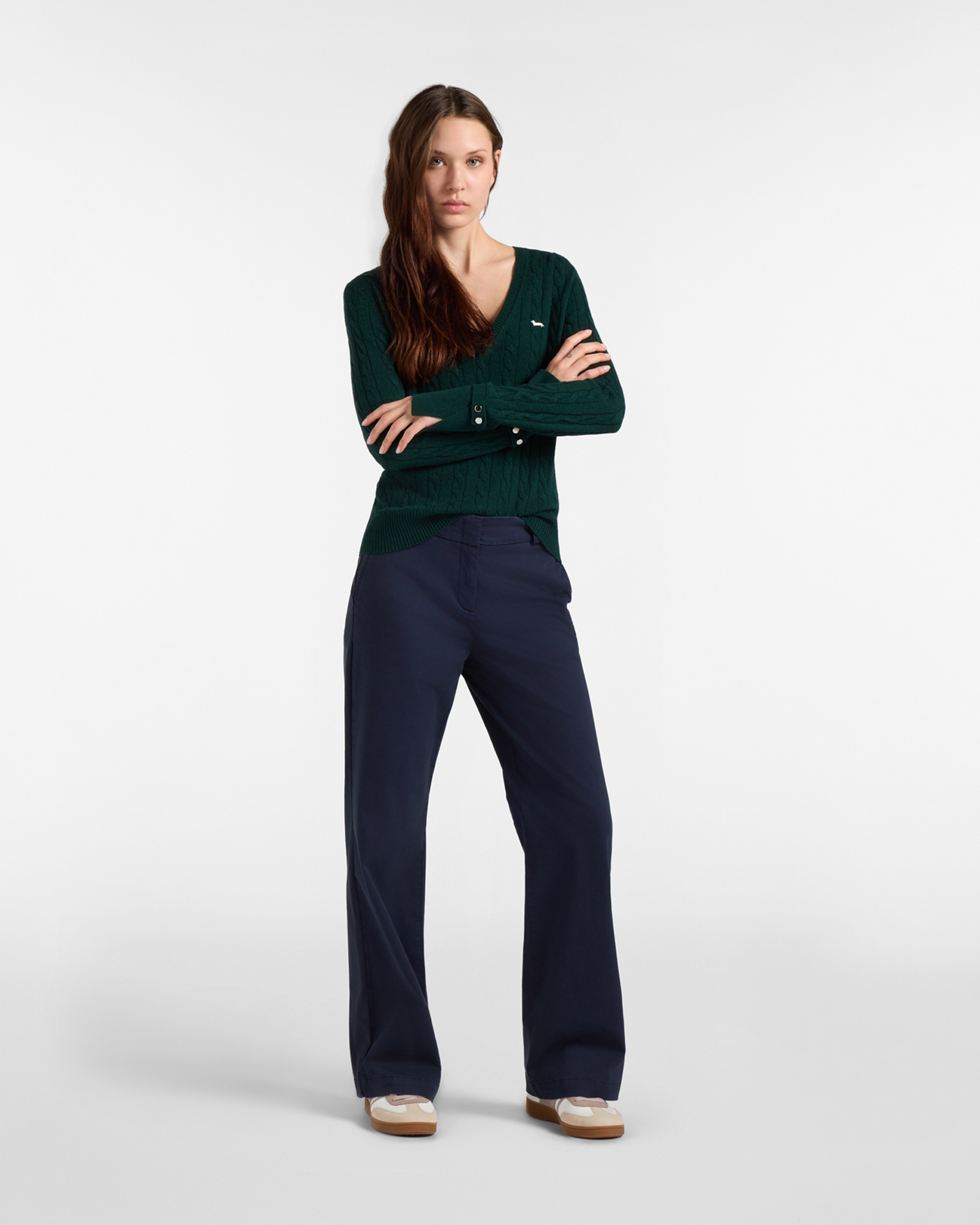 Women's regular fit V-neck sweater in  wool blend with cashmere, GREEN, large