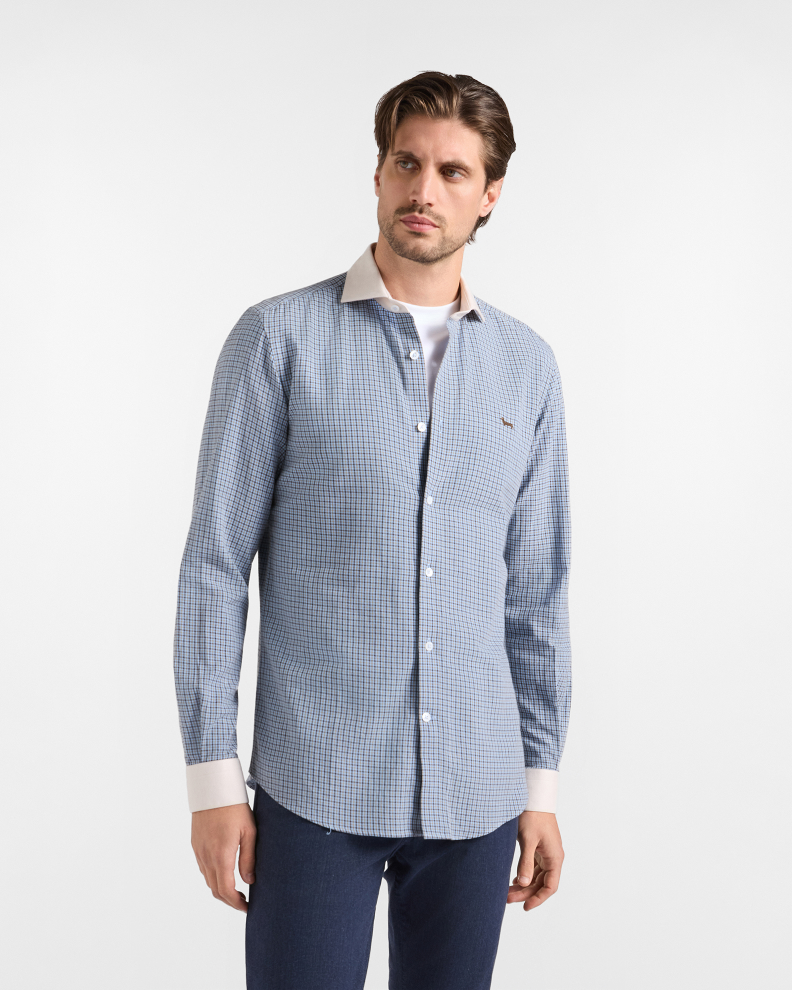 Camisa Harmont & Blaine para hombre de la colecci&oacute;n &laquo;Capsule Qualit&agrave; a Colori&raquo;, de franela de algod&oacute;n con microcuadros azul claro