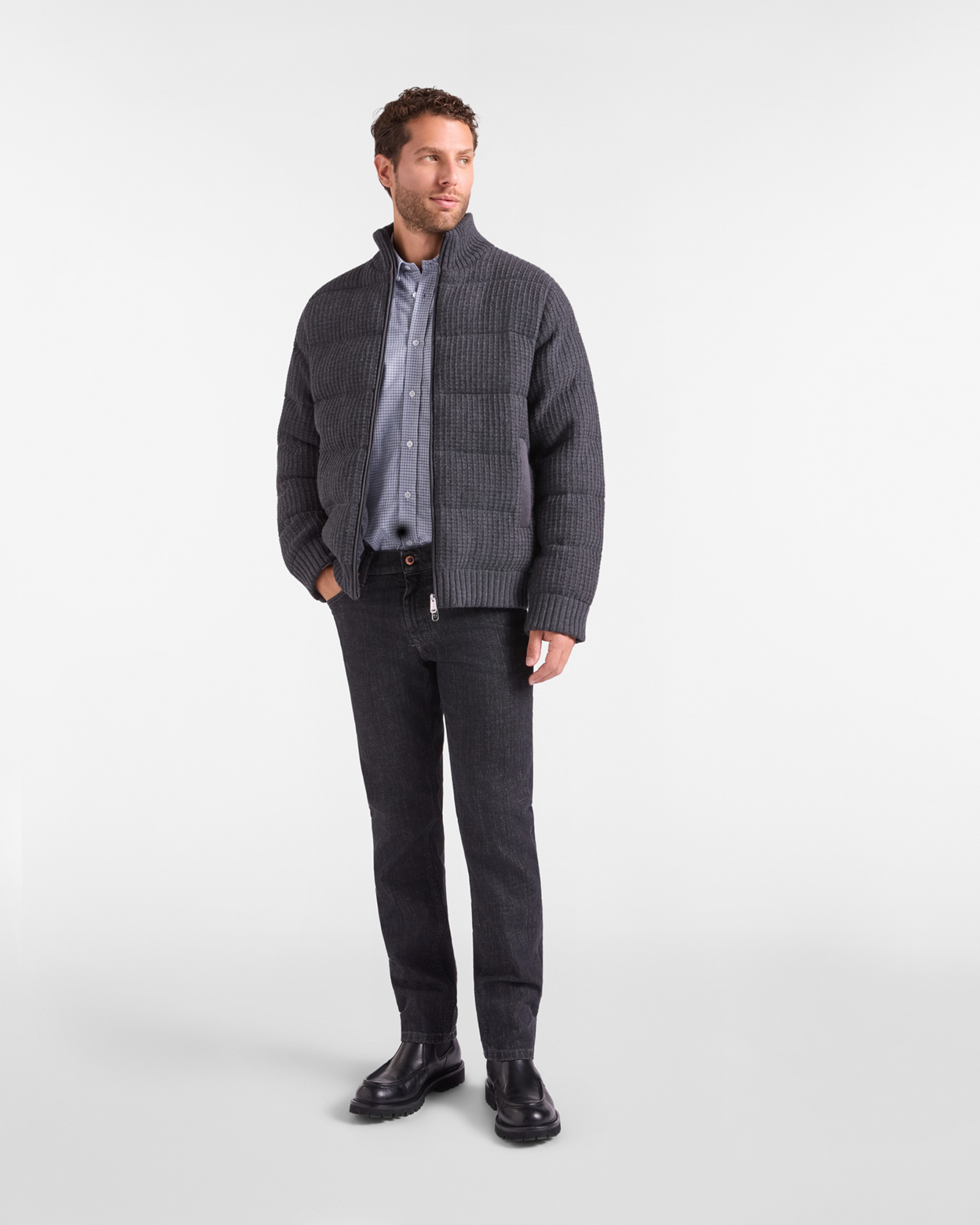 Giubbino in Maglia Uomo con collo alto con zip in 100% pura lana Regular Fit, GRIGIO, large