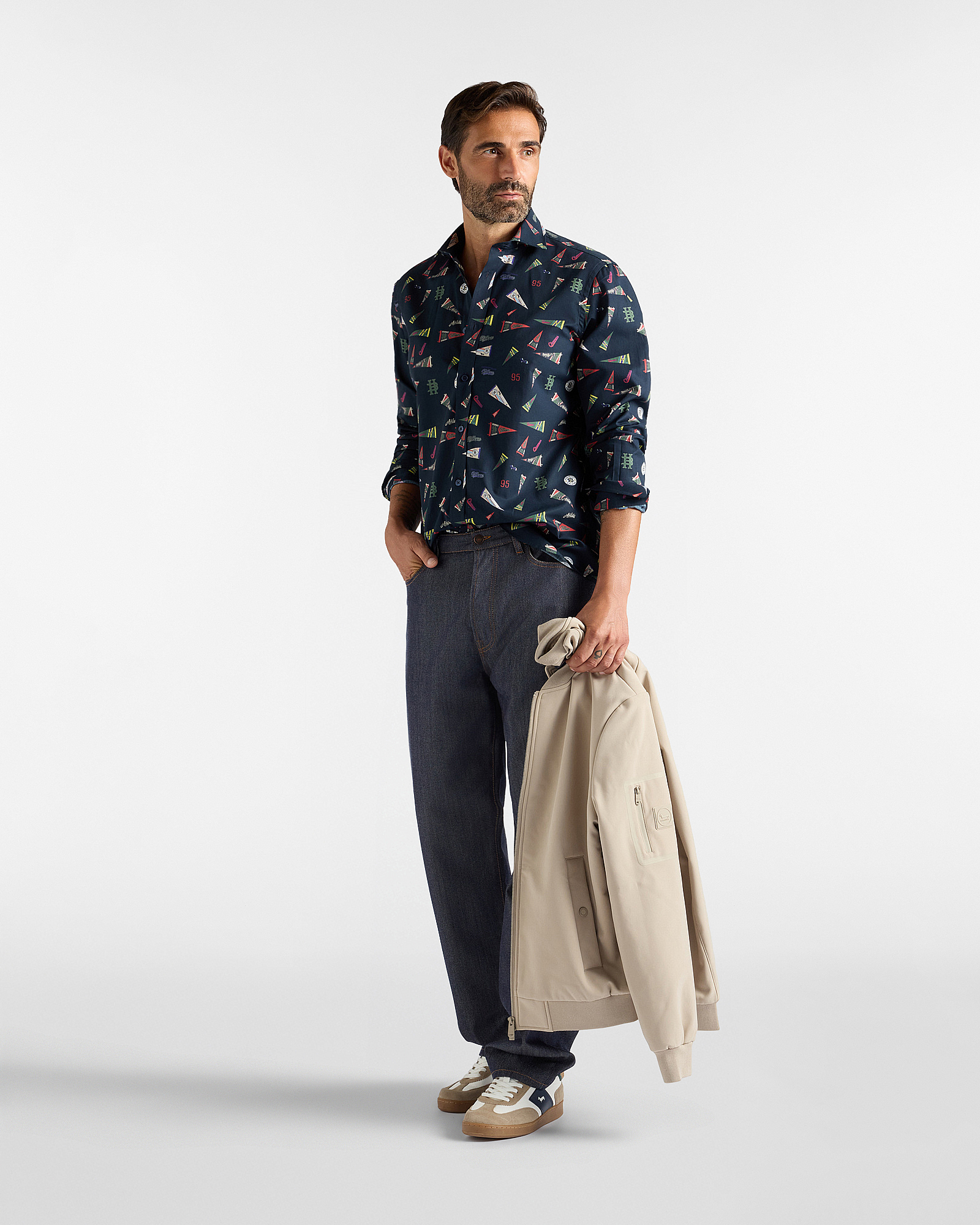 Men's regular-fit poplin shirt with flag print, NAVY BLUE, large
