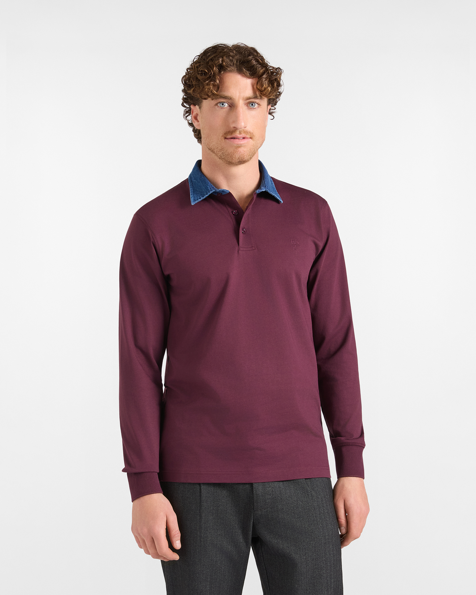 Polo HBJ Uomo con Colletto in Denim di Puro Cotone Prugna