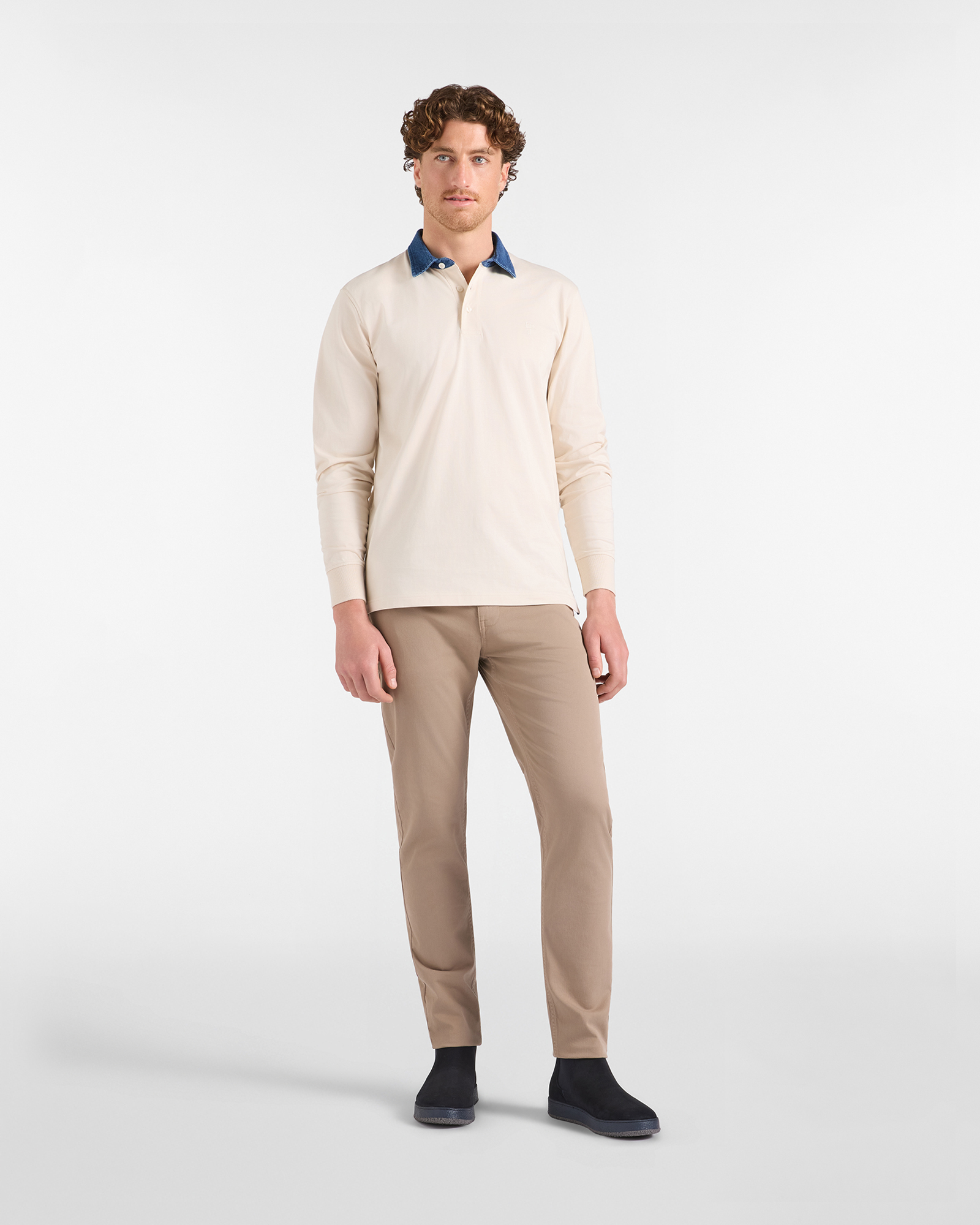 Polo HBJ Uomo con Colletto in Denim di Puro Cotone, BIANCO, large