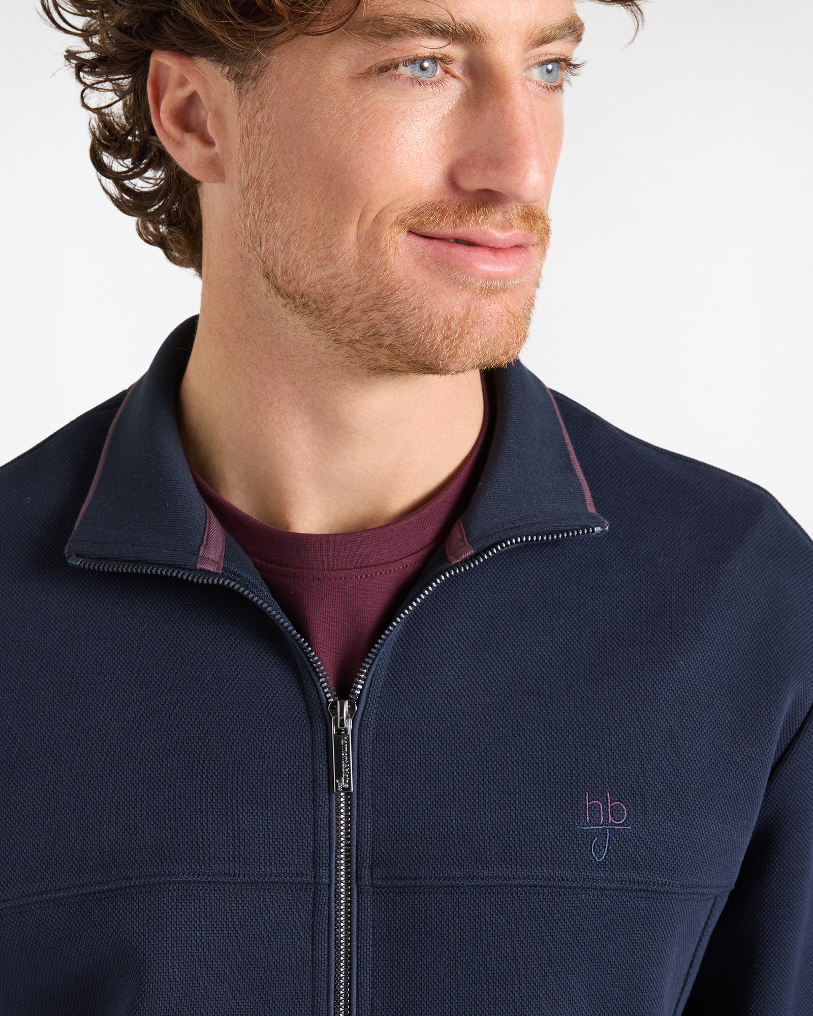 Felpa full zip HBJ Uomo con colletto rialzato con bordo a contrasto, BLU SCURO, large