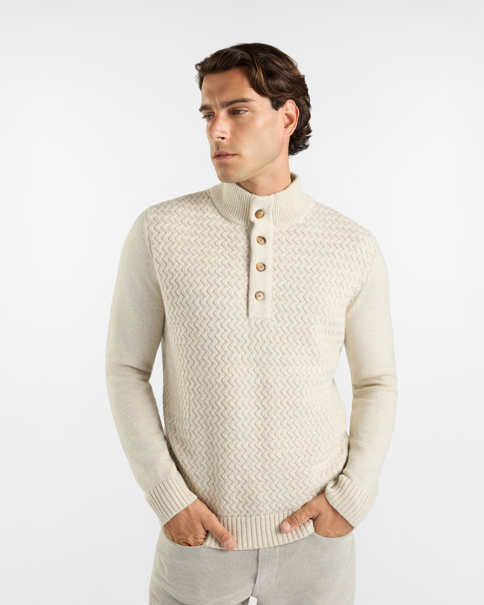 Maglia HBJ Uomo con Collo Alto e Finta Bottonata in Misto Mohair Bianco Naturale