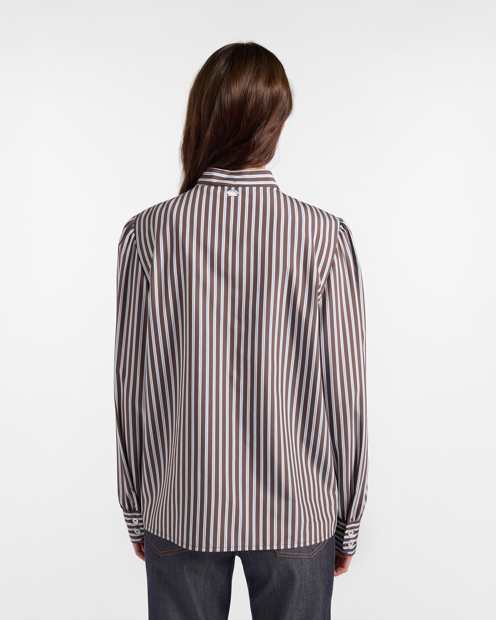 Camicia Donna a righe con collo a fiocco Made in Italy, MARRONE, large