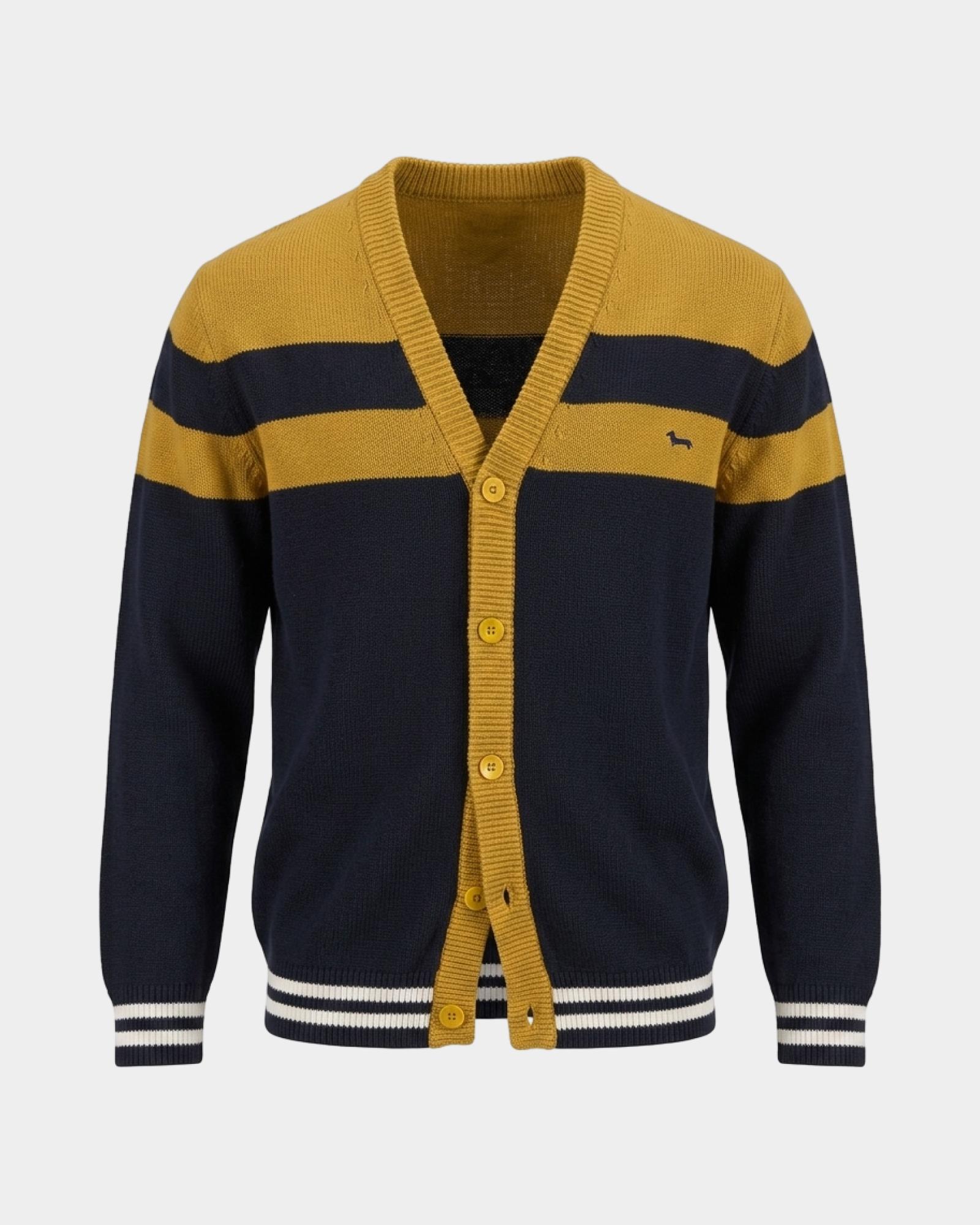 Men's Made in Italy V-neck cardigan in a wool and cotton blend with regular fit, BLACK-YELLOW, large