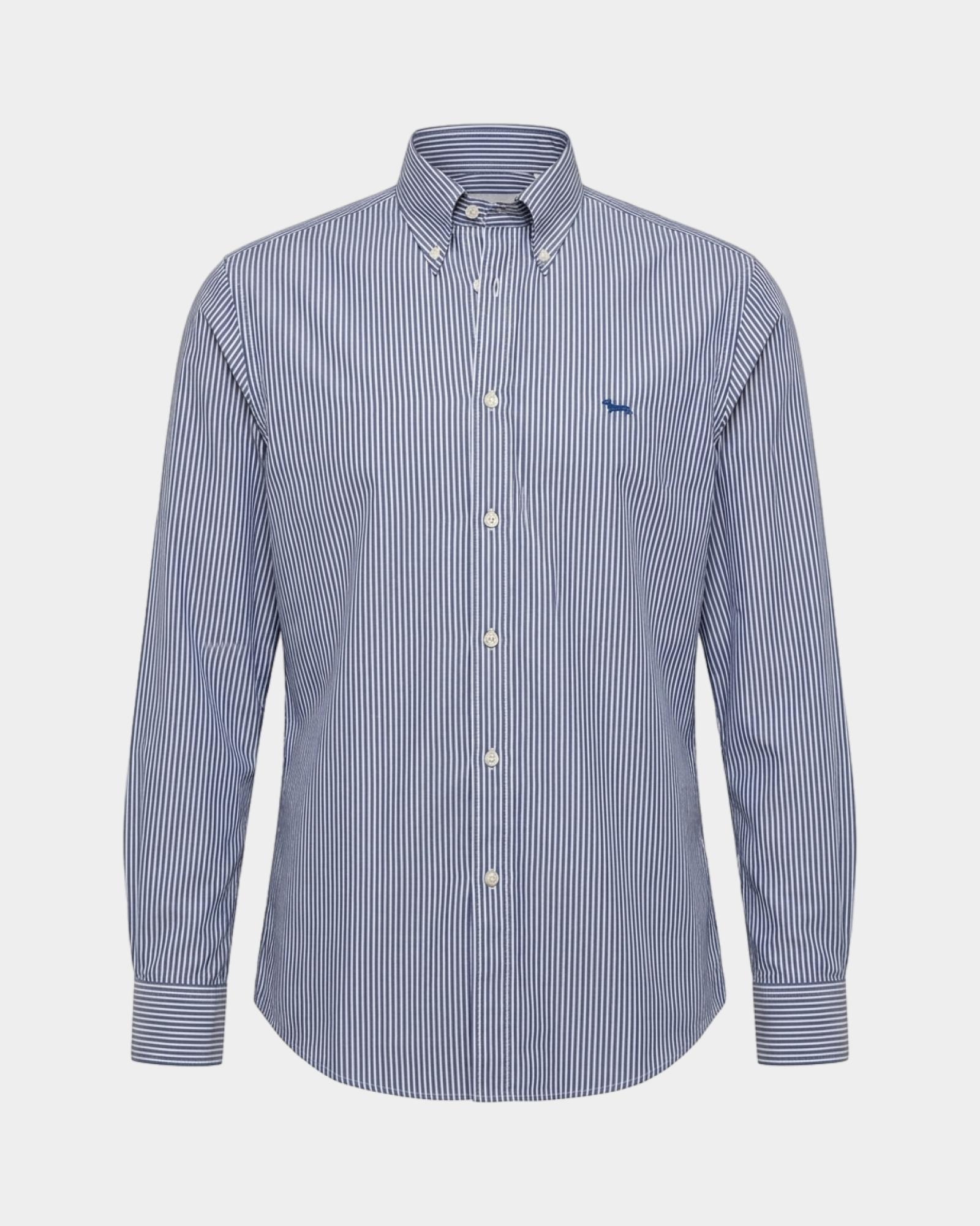 Men's regular-fit dark blue colorful yarn-dyed background with stripe shirt, BLUETTE, large