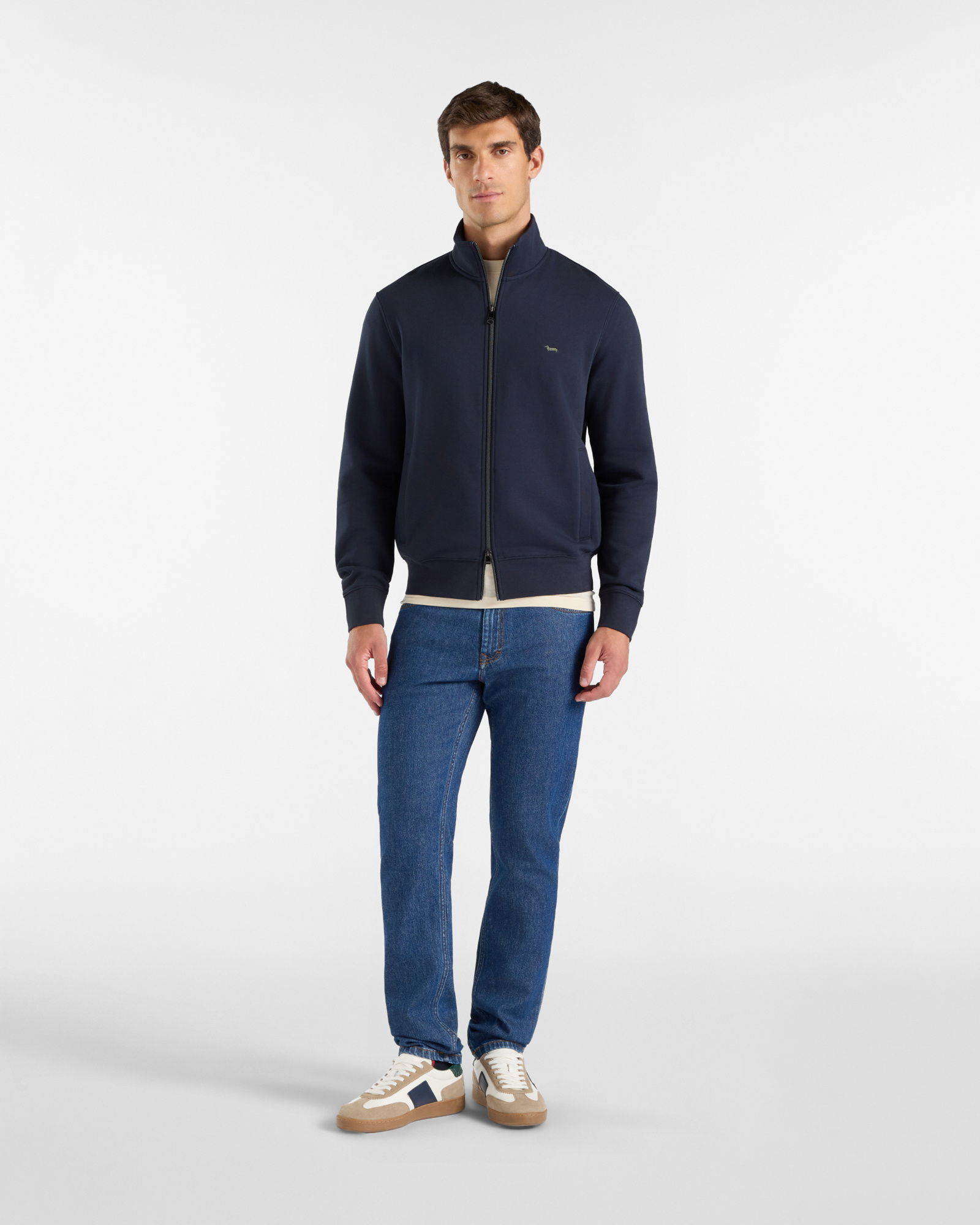 Felpa Uomo full zip  con collo alto e tasche a filo, BLU NAVY, large