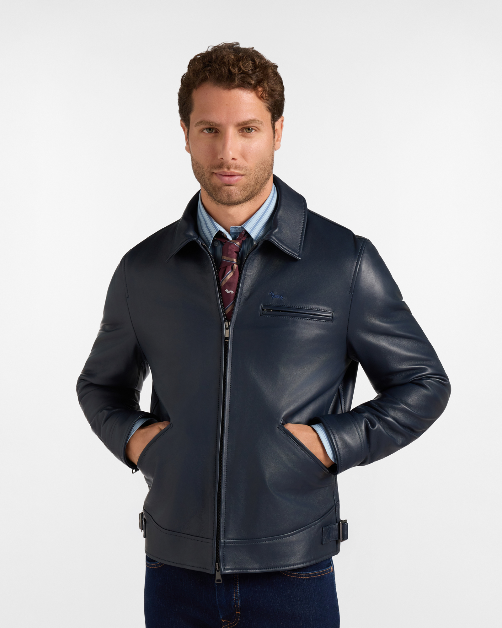 Bomber Uomo in Vera Pelle Blu con Collo Camicia Made in Italy