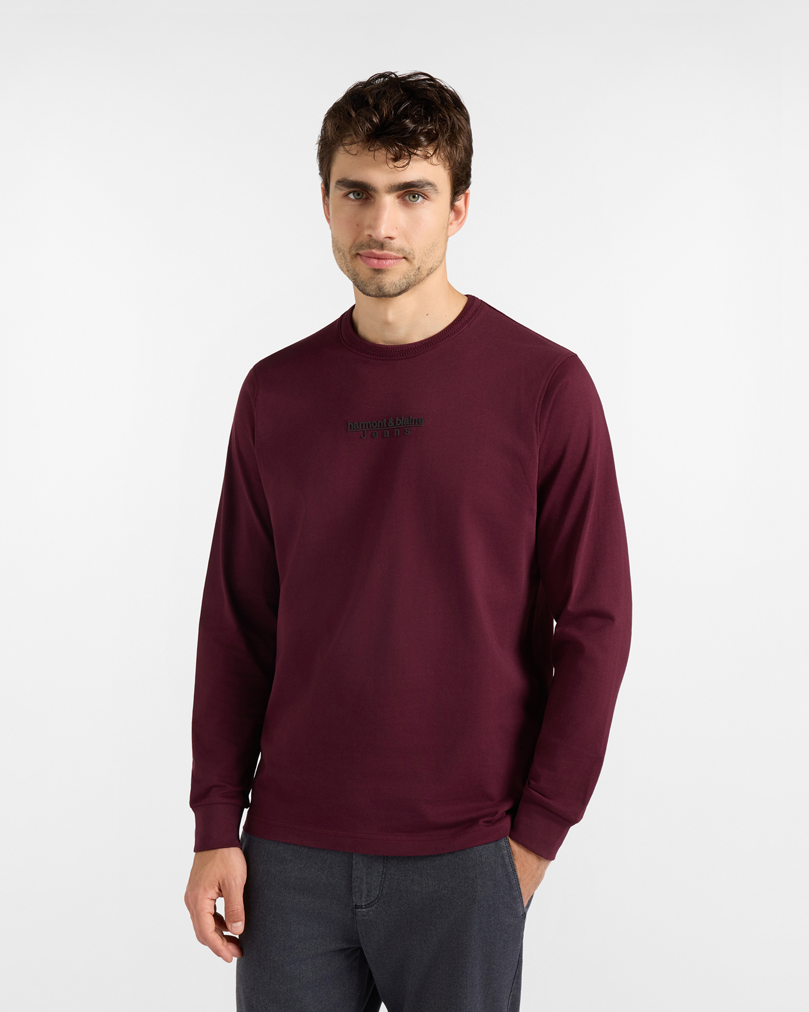 HBJ Men&rsquo;s Long-Sleeved T-shirt in Pure Plum-Coloured Cotton