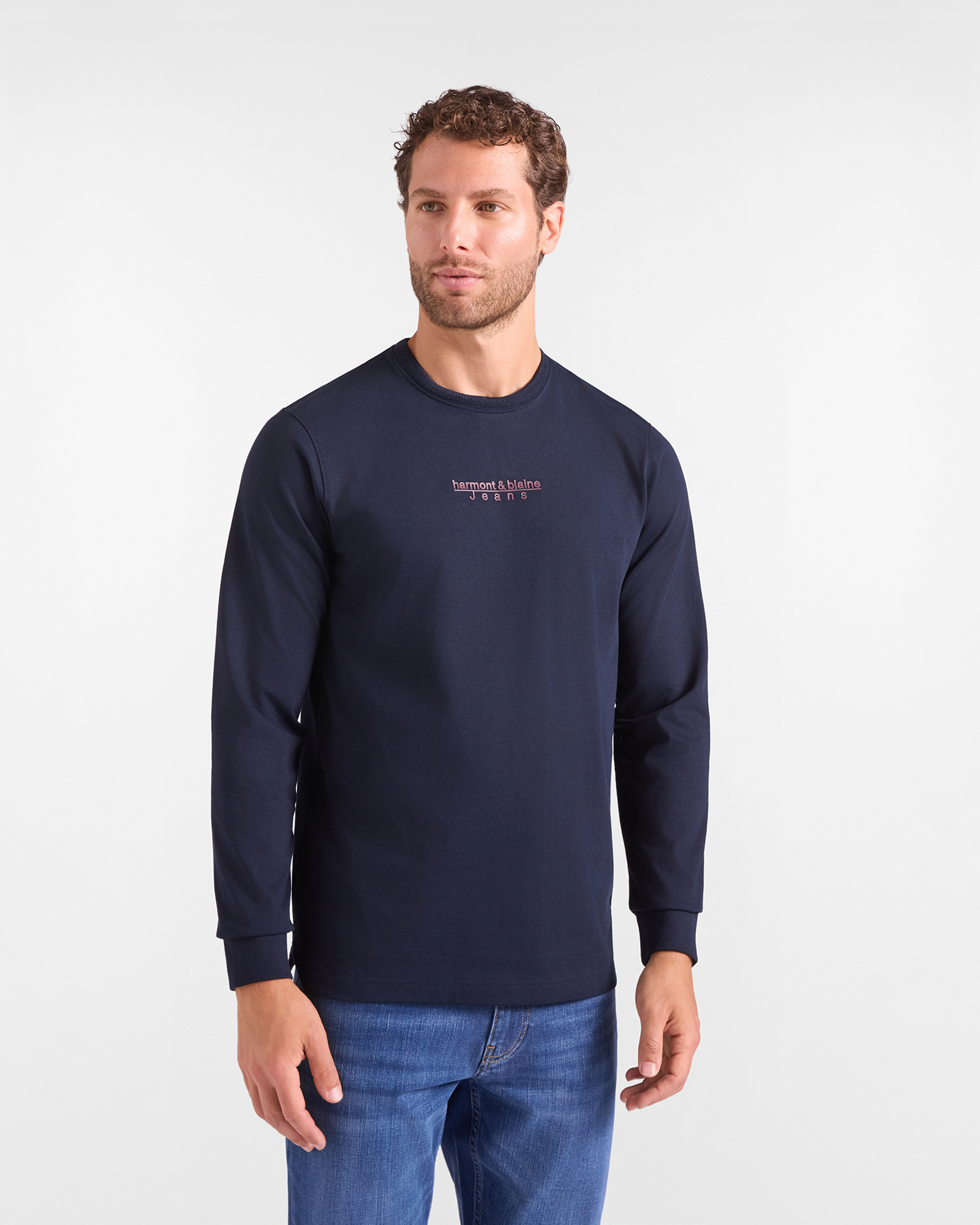 T-shirt HBJ Uomo a Manica Lunga in Puro Cotone Blu Scuro
