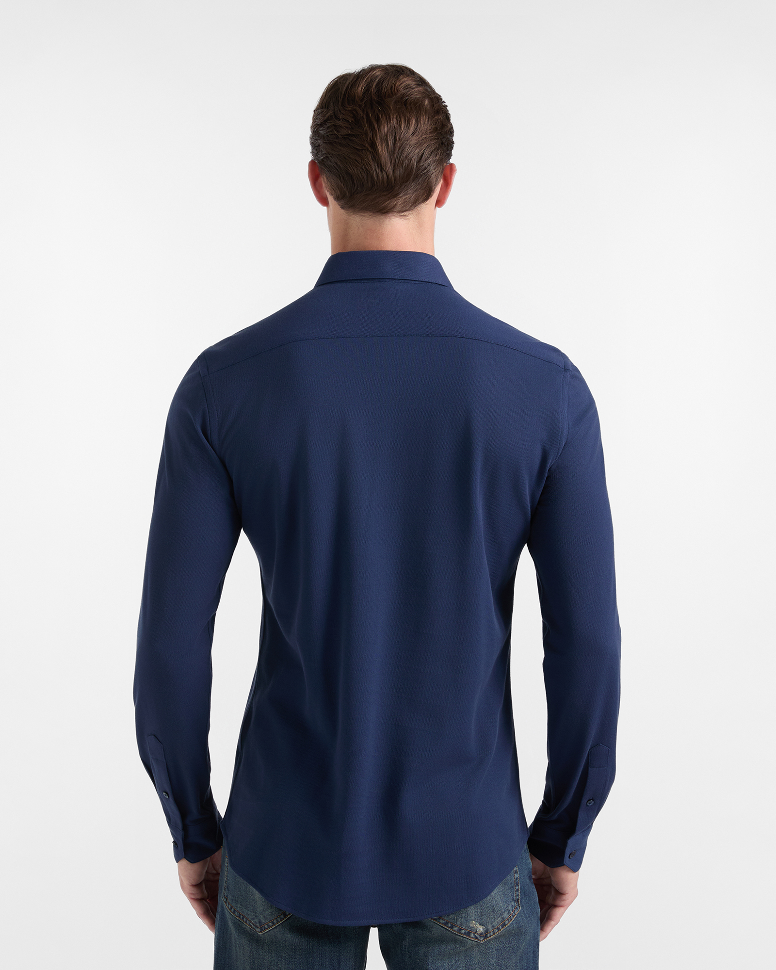 Men's narrow-fit shirt in solid dark  piqu&eacute;, NAVY BLUE, large
