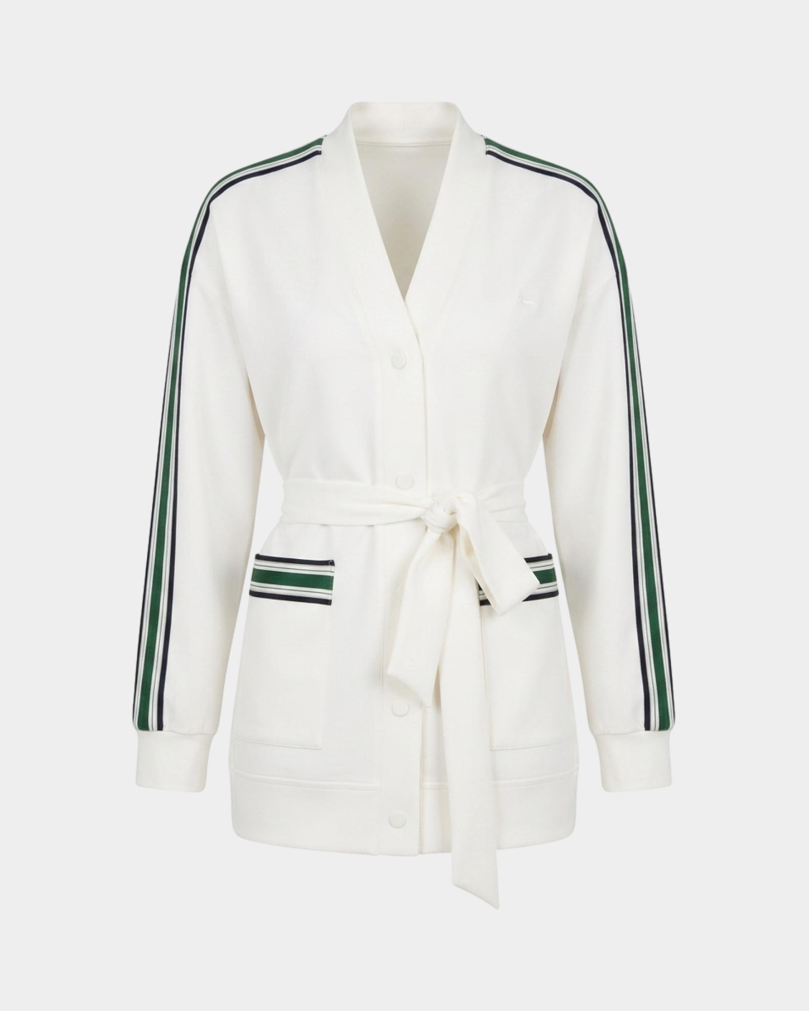 Women's fleece kimono cardigan with regimental stripes, WHITE, large