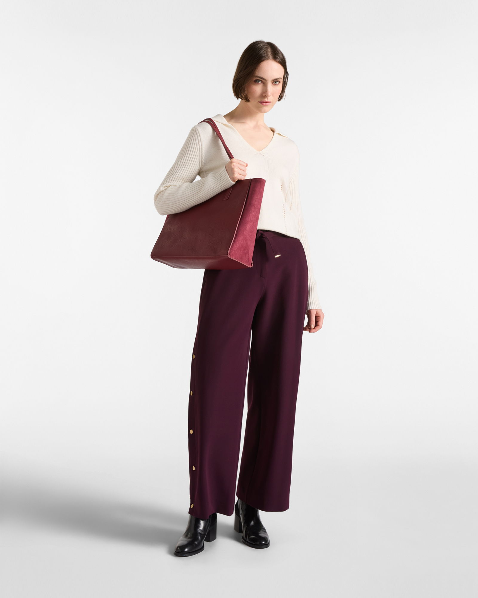 Pantalone Donna a gamba dritta con bottoni laterali, VIOLA SCURO, large