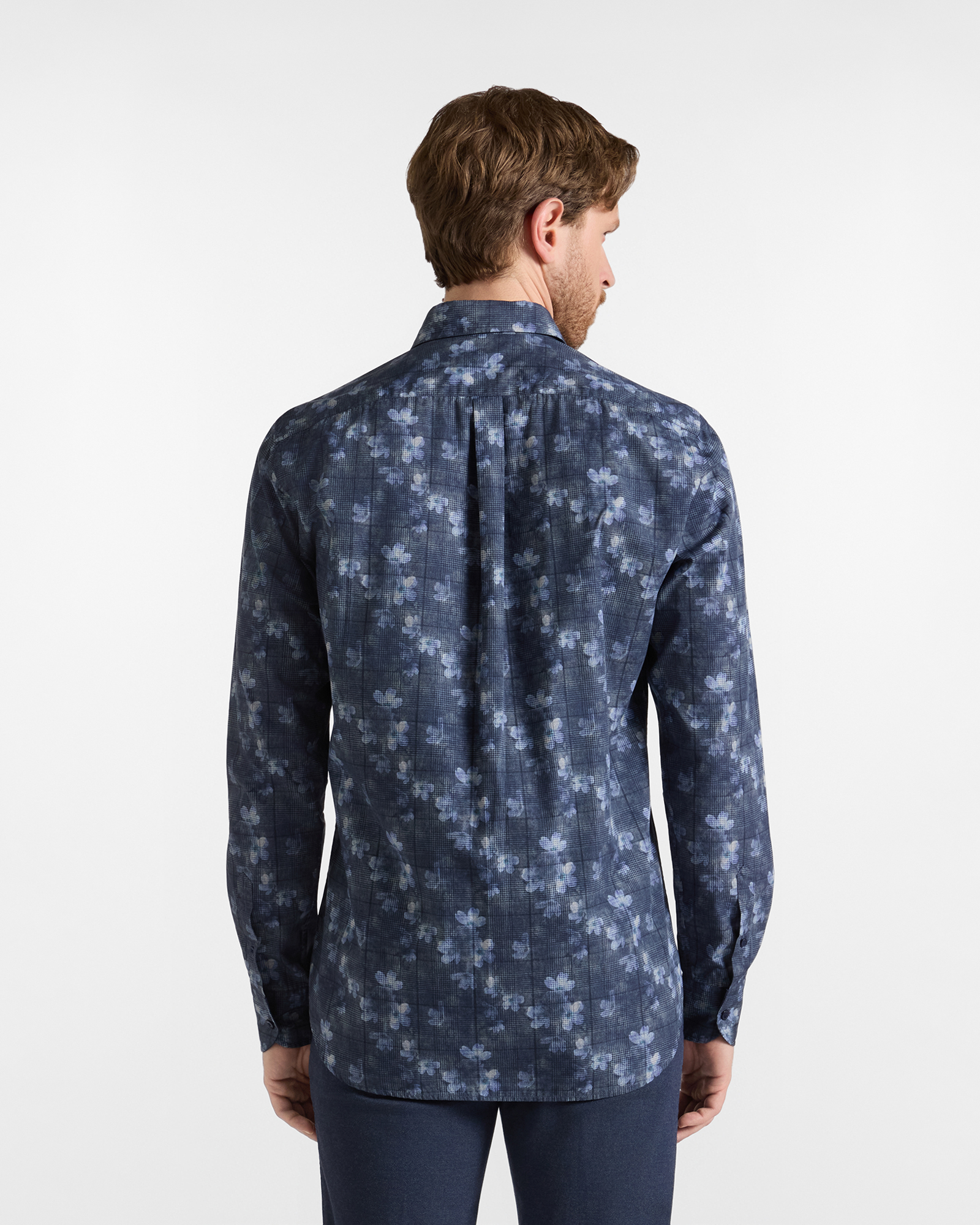 Men's regular-fit poplin shirt with glen plaid and floral print, NAVY BLUE, large
