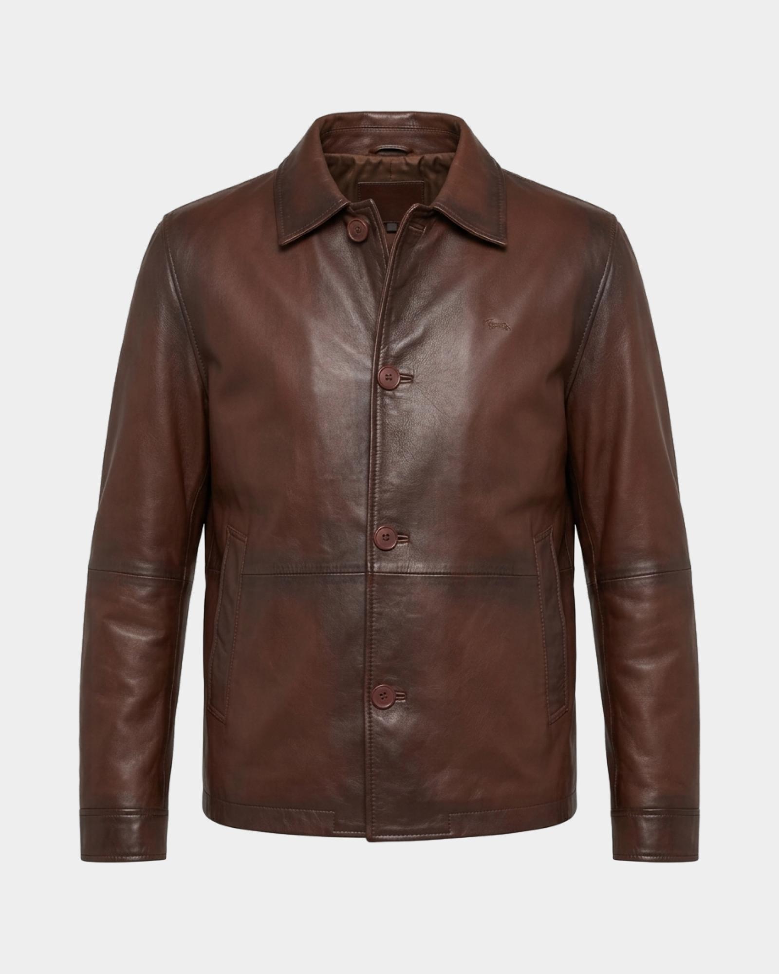 Men's Made in Italy field jacket in genuine leather, DARK BROWN, large
