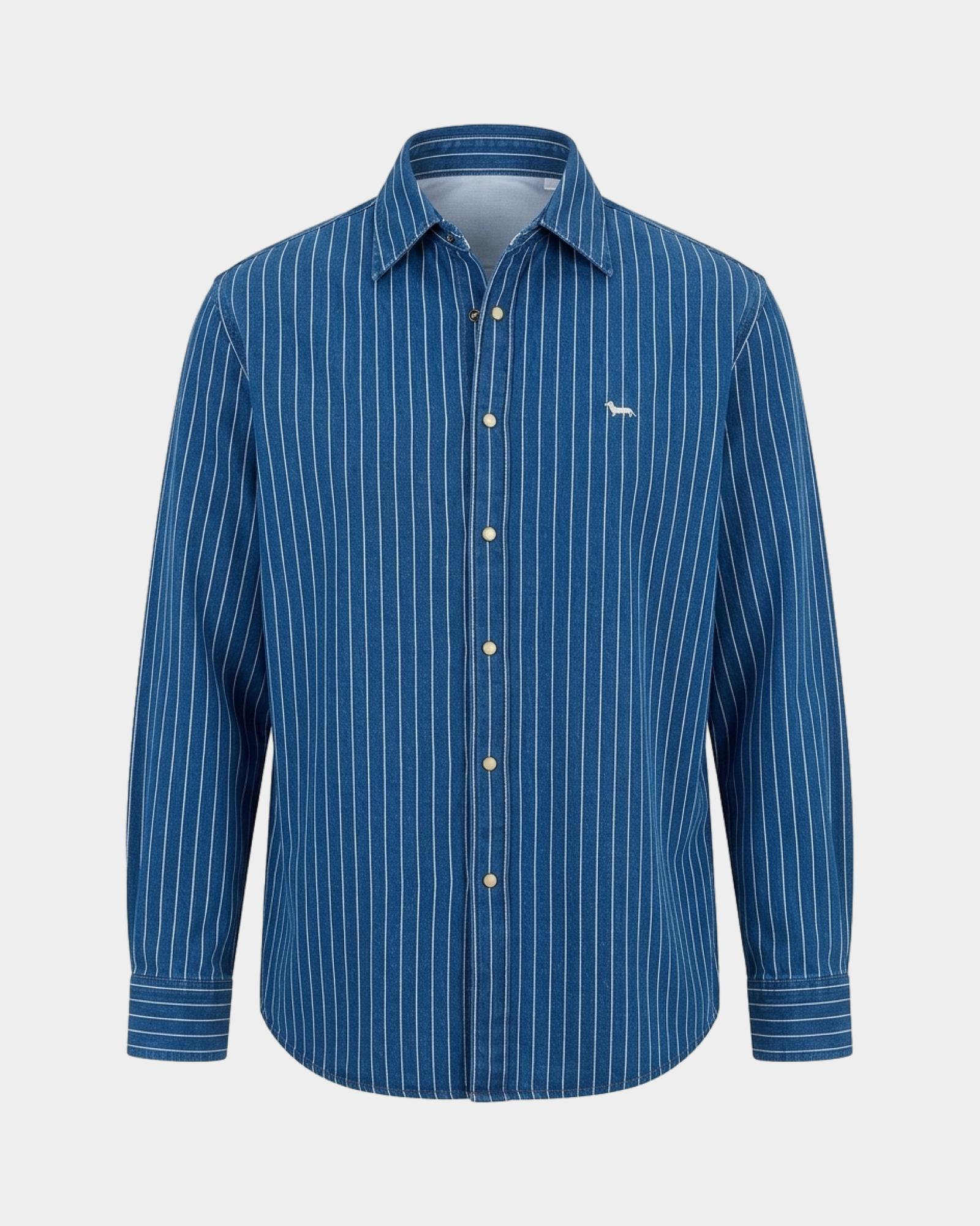 Men's denim shirt with narrow stripes and classic fit, DENIM BLUE, large