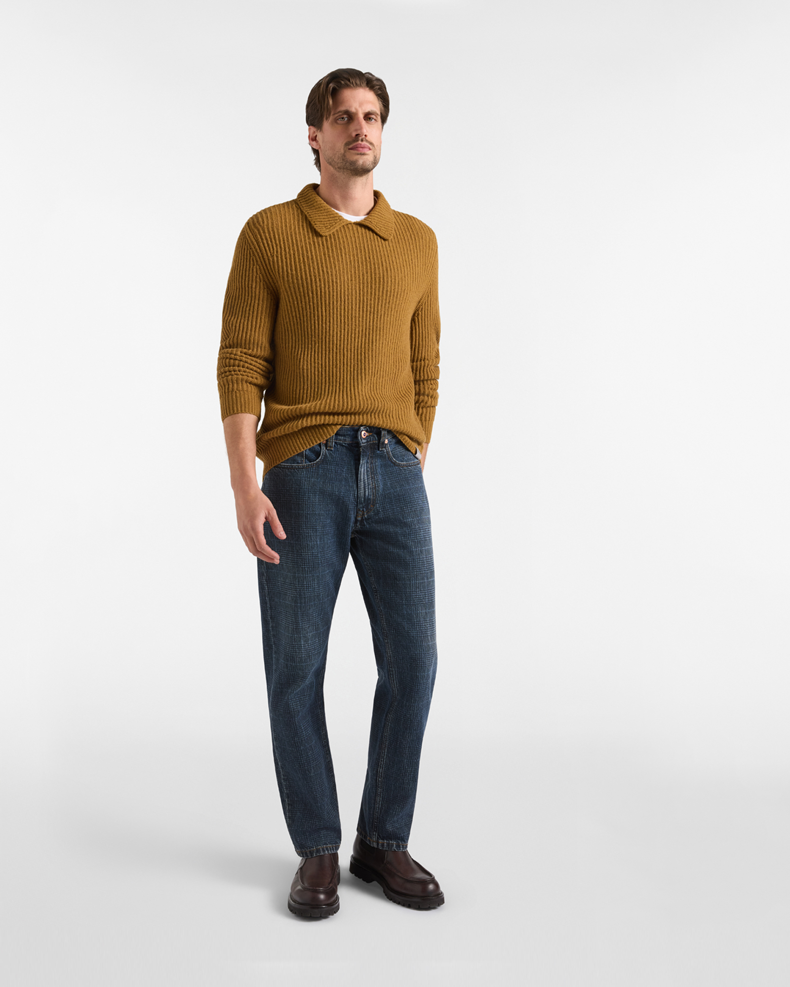Men's Made in Italy buttoned polo shirt collar pullover in wool blend with regular fit, DARK BROWN, large