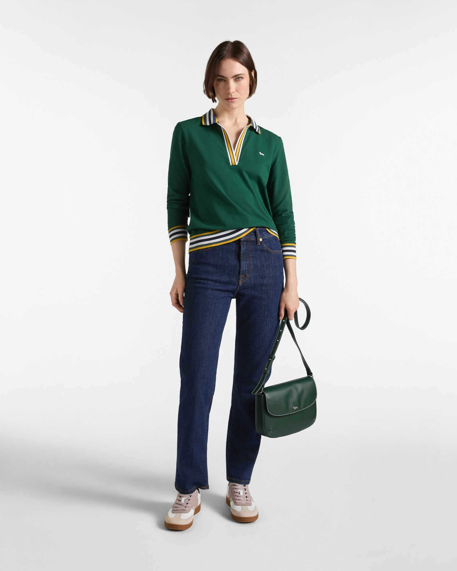 Women's long-sleeve stretch cotton polo shirt with V-neck, GREEN, large