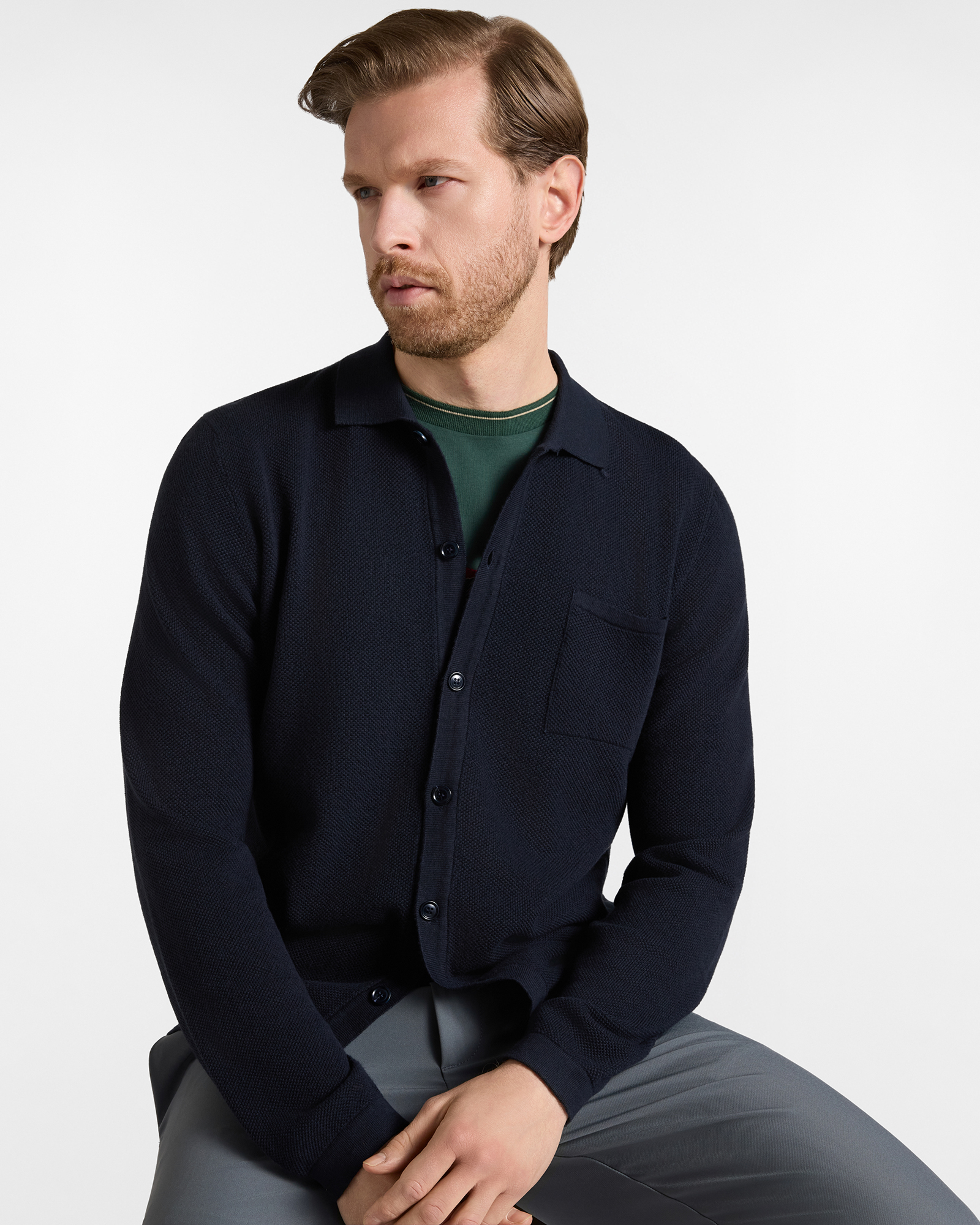 Men's Made in Italy buttoned polo shirt collar sweater in  wool and cotton blend with regular fit, NAVY BLUE, large