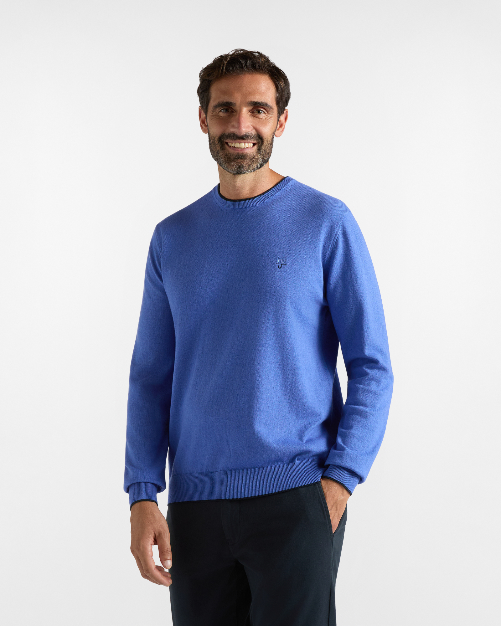 HBJ Men&rsquo;s Round-Neck Jumper in Hydrangea Blue Wool and Cashmere Blend
