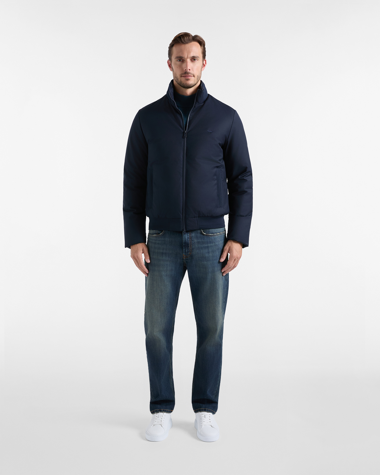 Men&rsquo;s padded bomber jacket in technical wool blend, NAVY BLUE, large