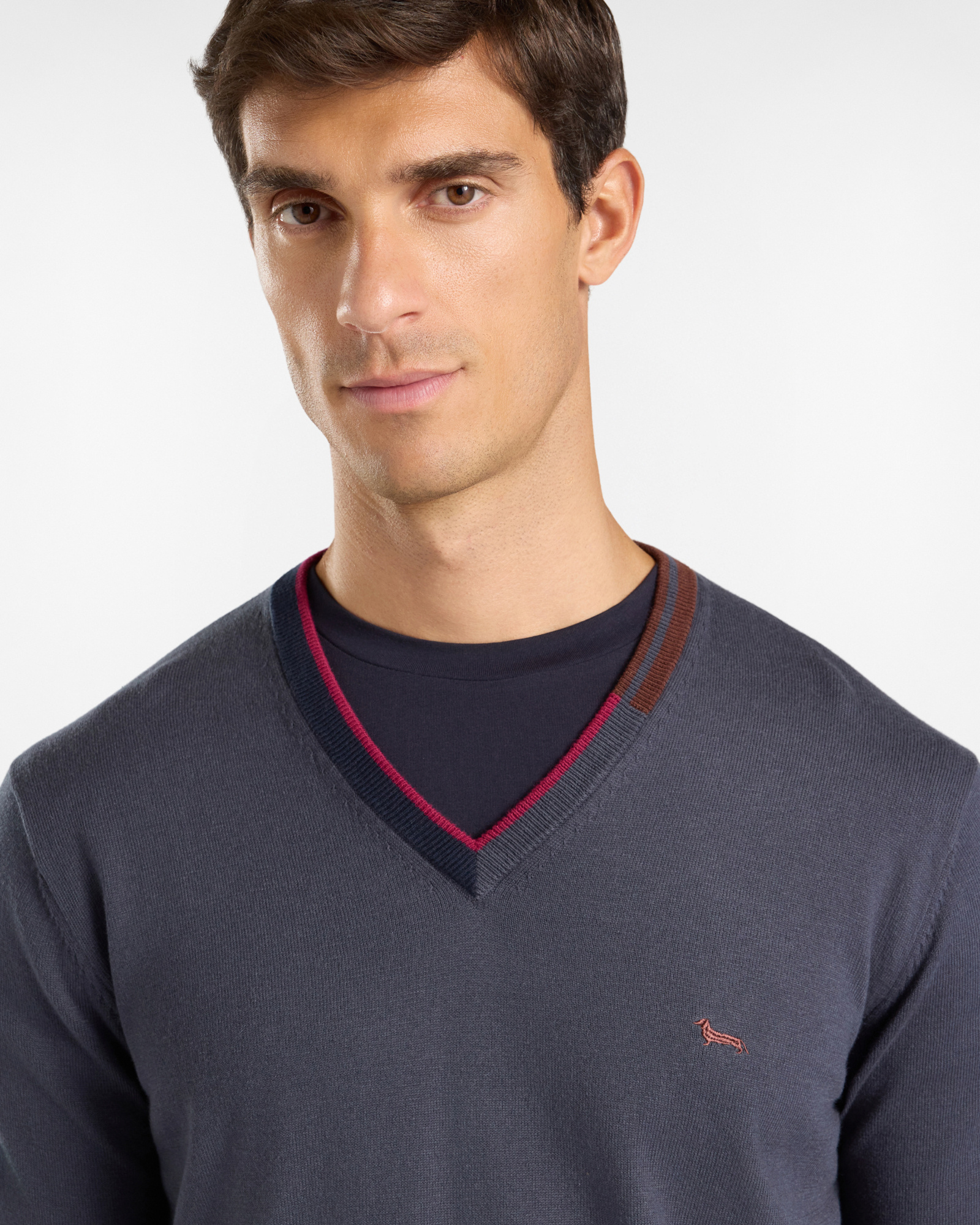 Men's regular fit V-neck sweater in a wool and cotton blend, GRAY, large