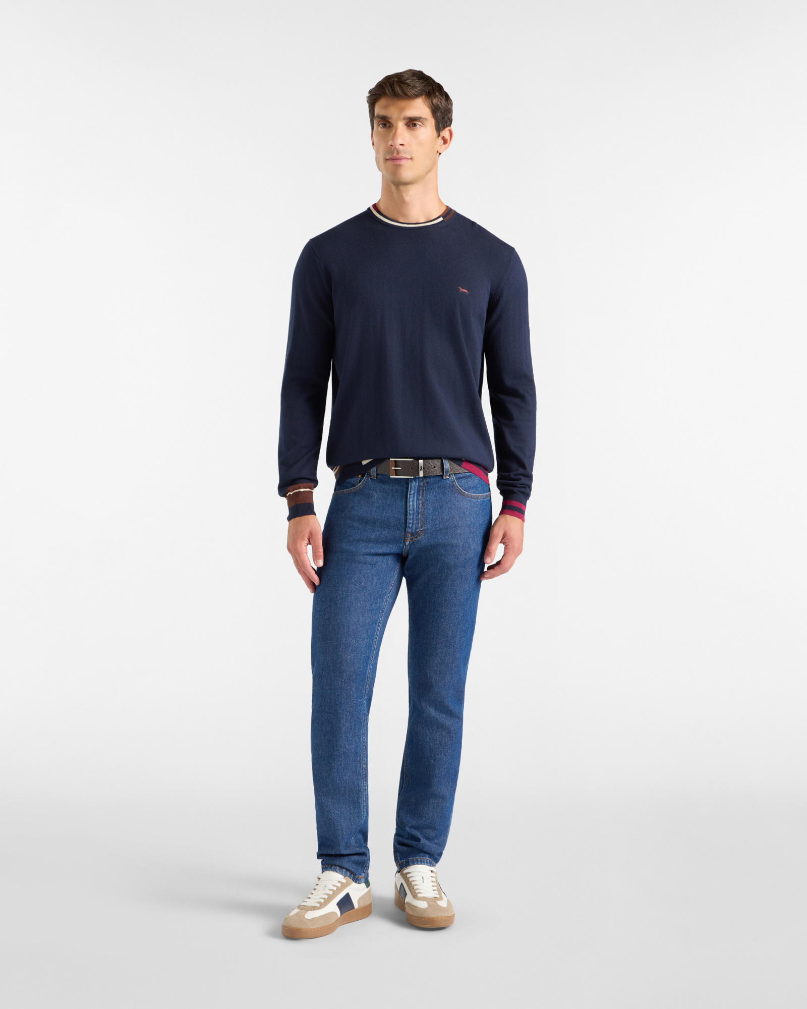 Men's regular fit sweater in a wool and cotton blend, NAVY BLUE, large