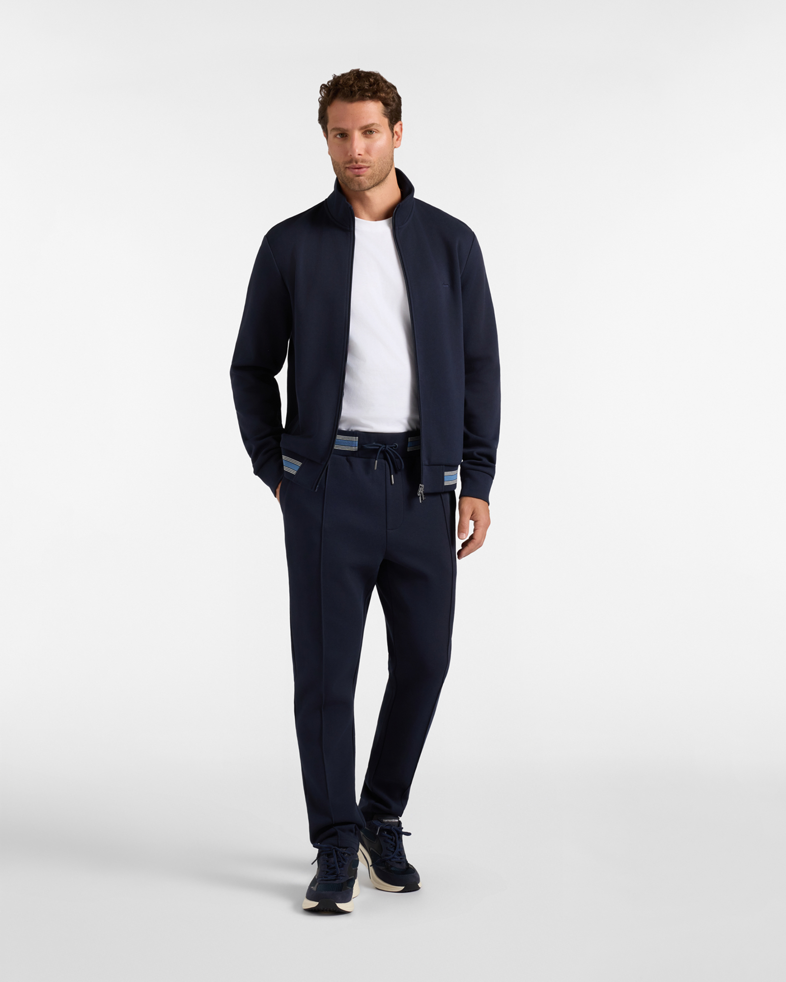 Men's  piqu&eacute; fleece trousers with striped waistband, NAVY BLUE, large