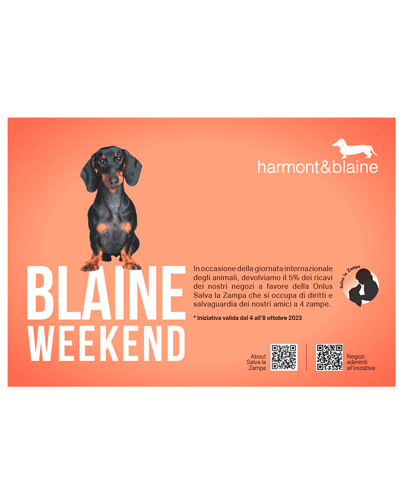 In occasione della Giornata Mondiale degli Animali, lo scorso 4 ottobre, Harmont & Blaine ha lanciato una nuova iniziativa benefica a supporto della ETS Salva la Zampa, associazione italiana impegnata in attivit&agrave; di soccorso, cura e protezione dei cani abbandonati, destinando il 5% dei proventi delle vendite di questa giornata (relative alle prime linee) alle diverse missioni e attivit&agrave; dei volontari dell&rsquo;associazione.